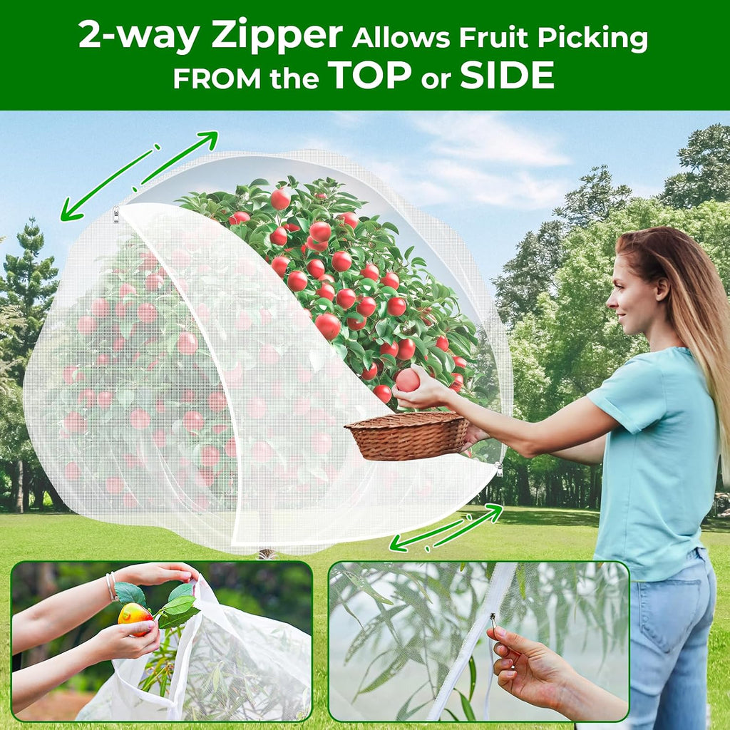 6.4'x6.4' Fruit Tree Netting with 2-Way Zipper & Drawstring (2 Pack) | Garden Plant Net Pest Barrier to Prevent Cicadas