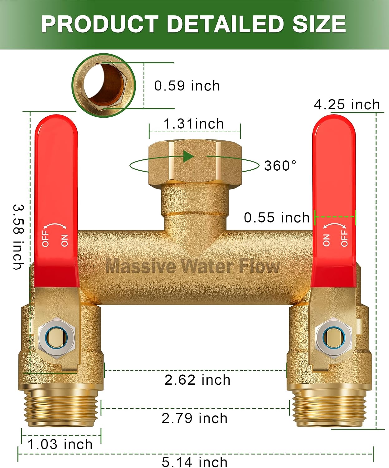 Hose Splitter 2 Way Heavy Duty, Full Flow Garden Hose Splitter with 2 Long Metal Handles, Brass Rust and Freeze