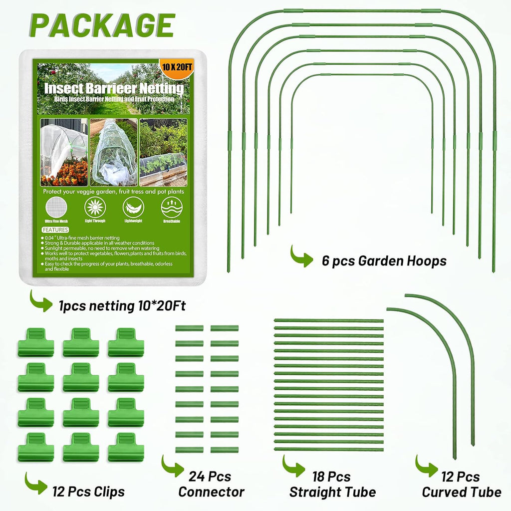 67pcs Garden Mesh Netting Kit, 6 Sets Wide Garden Hoops with Garden Covers | 10x20 ft Bird Netting & 12 Clips, Garden