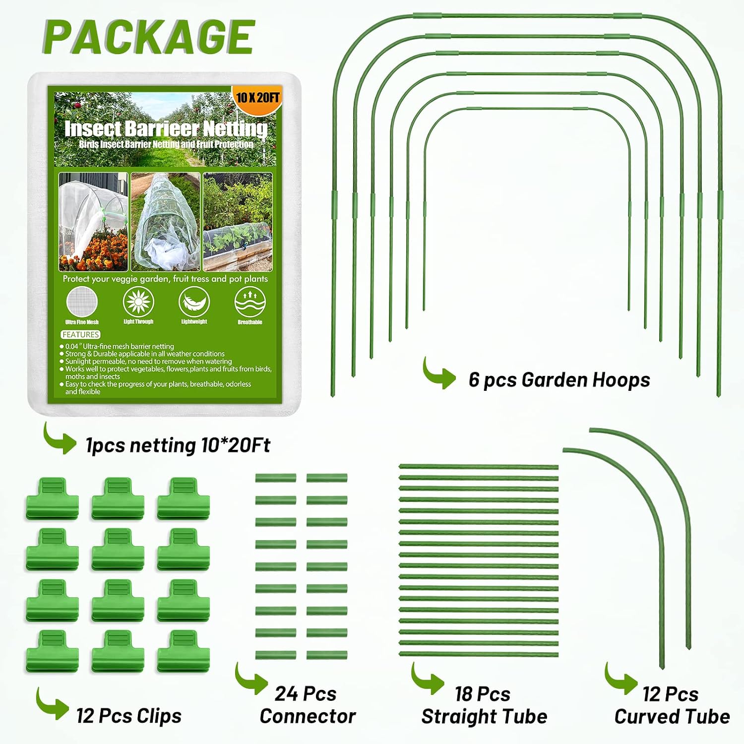 67pcs Garden Mesh Netting Kit, 6 Sets Wide Garden Hoops with Garden Covers | 10x20 ft Bird Netting & 12 Clips, Garden