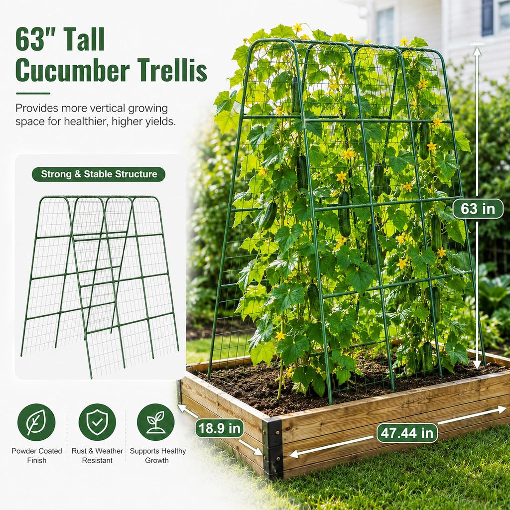 63" Tall Garden Trellis for Climbing Plants, 16mm Heavy Duty Metal Frame Cucumber Trellis with Netting, 20 Plant Clips