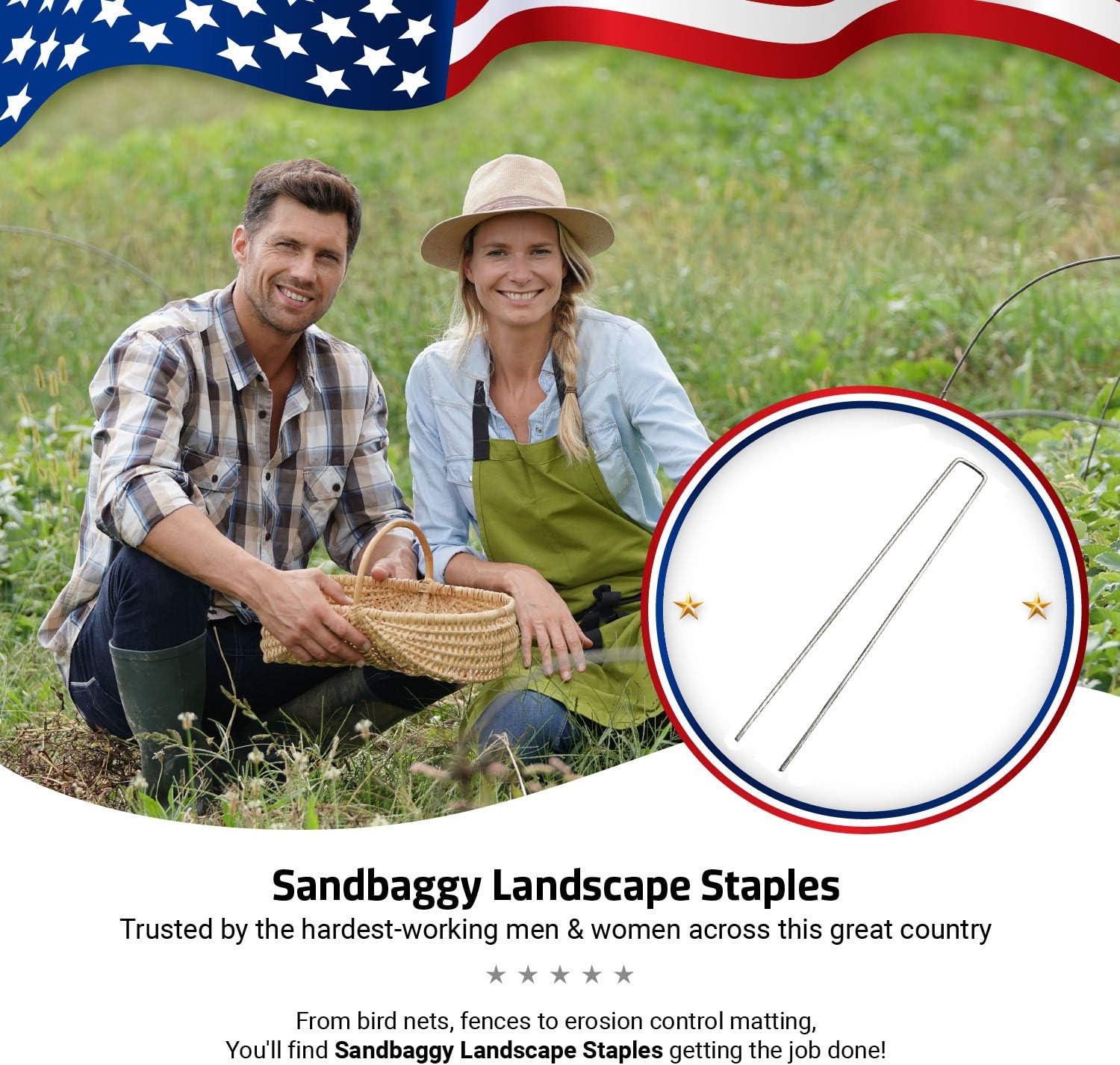 Sandbaggy 12 Inch Rust-Free Landscape Staples ~ Extra Long SOD Garden Stakes Weed Barrier Pins (100 Staples)