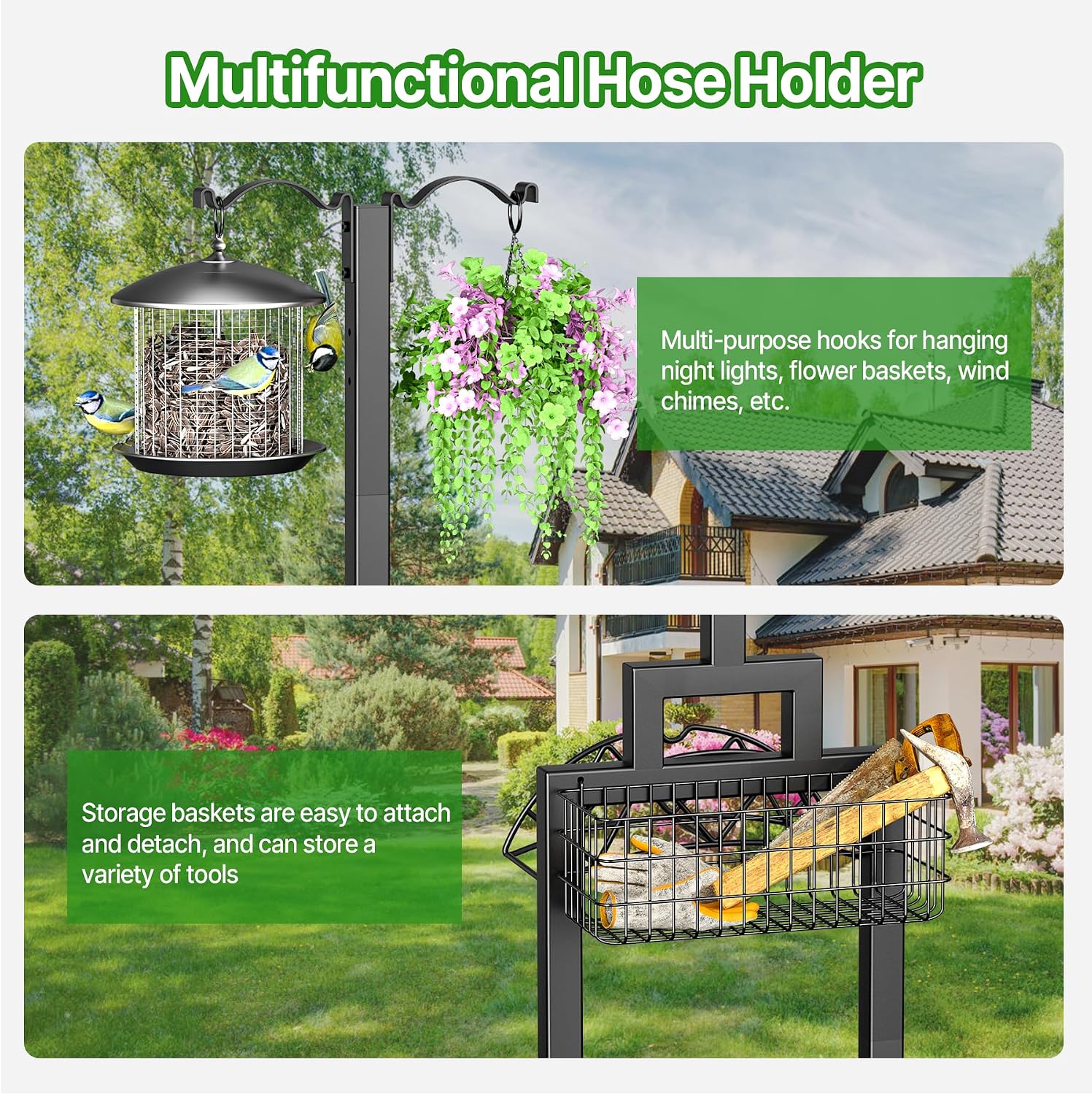 Garden Hose Holder, Water Hose Holders for Outside with Storage Basket & 2 Shepherds Hooks, Detachable Garden Hose