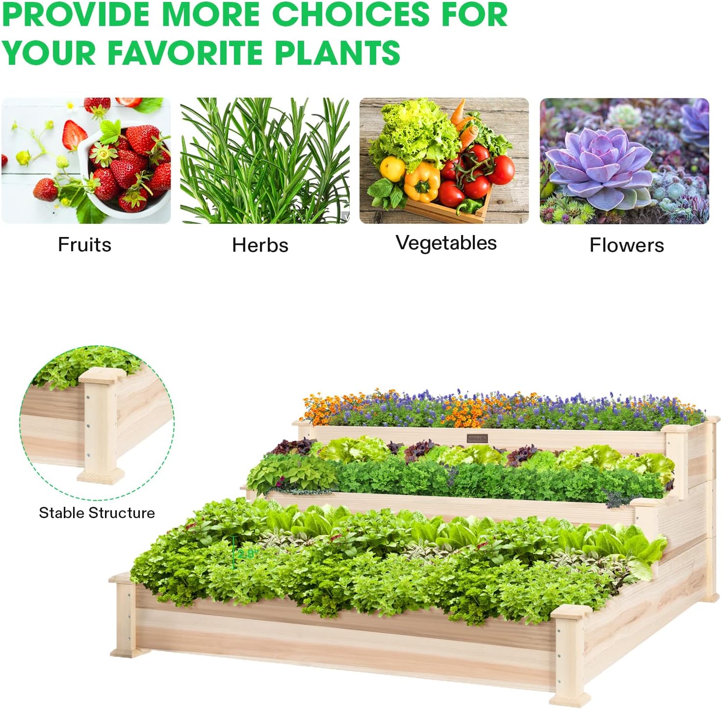 VIVOSUN 3-Tier Raised Garden Bed Outdoor Wood 48x48x21 Planter Box Kit | 2-in-1 Stack or Flat / 3 Depth Levels