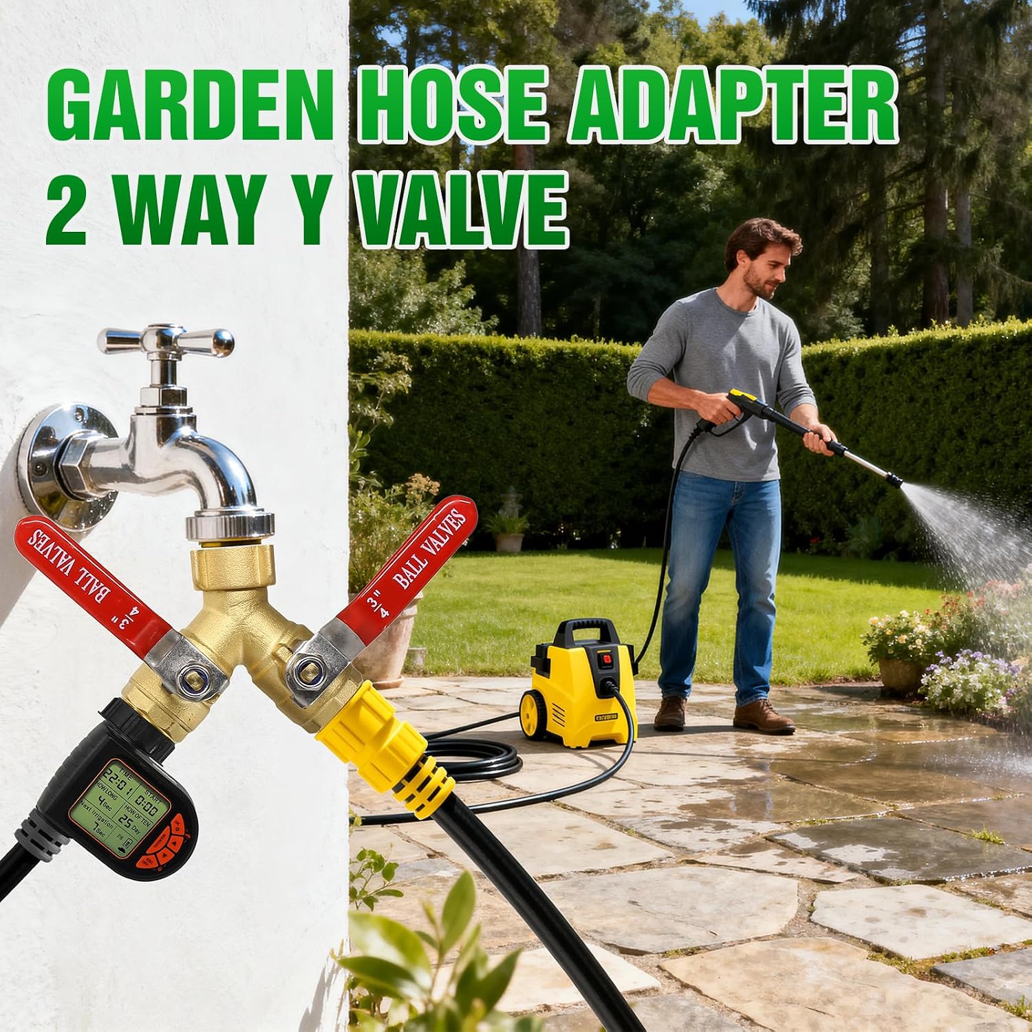 Brass Garden Hose Splitter 2 Way Heavy Duty with Metal Extended Handle | Outdoor Duel Water Hose Splitter, Dual Outdoor