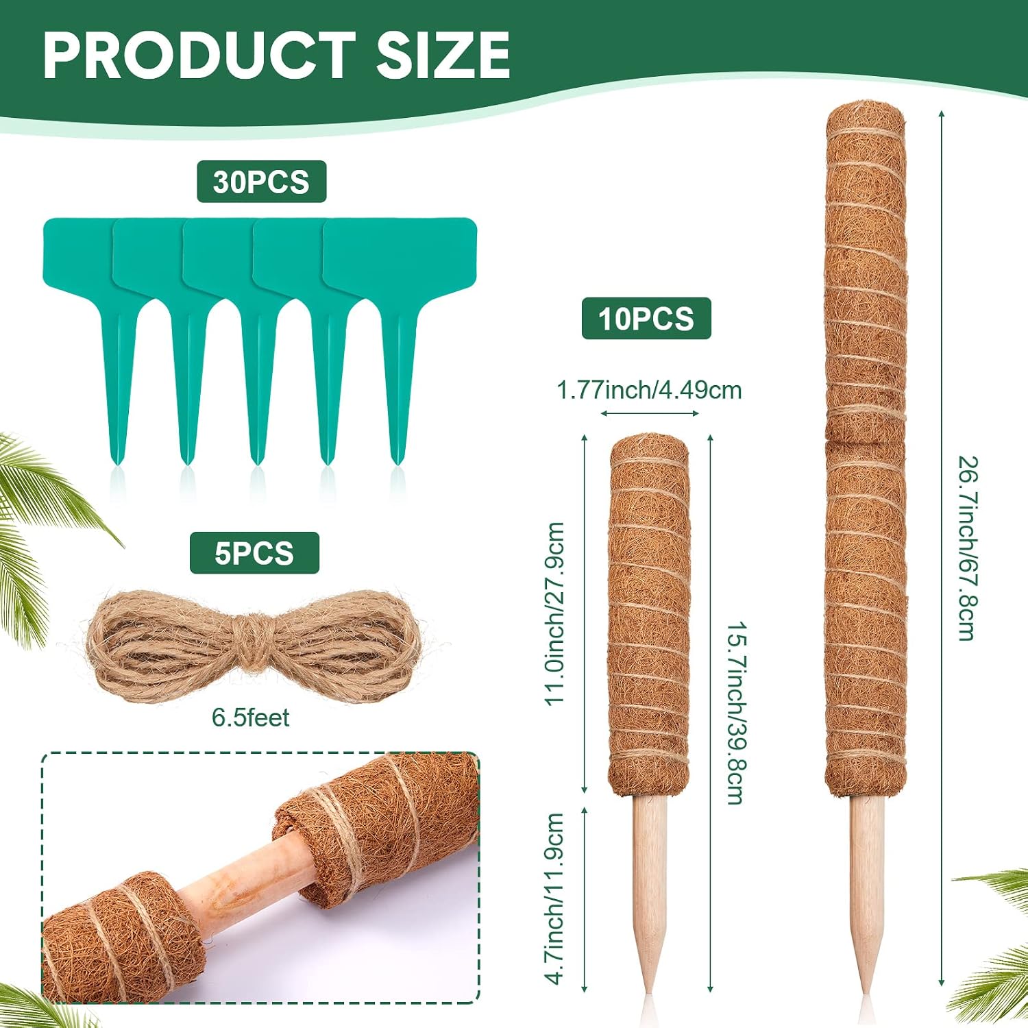 10 Pack Moss Pole, 112 Inch Coir Moss Pole for Plants Monstera, Plant Pole for Climbing Indoor Plants Potted Plants