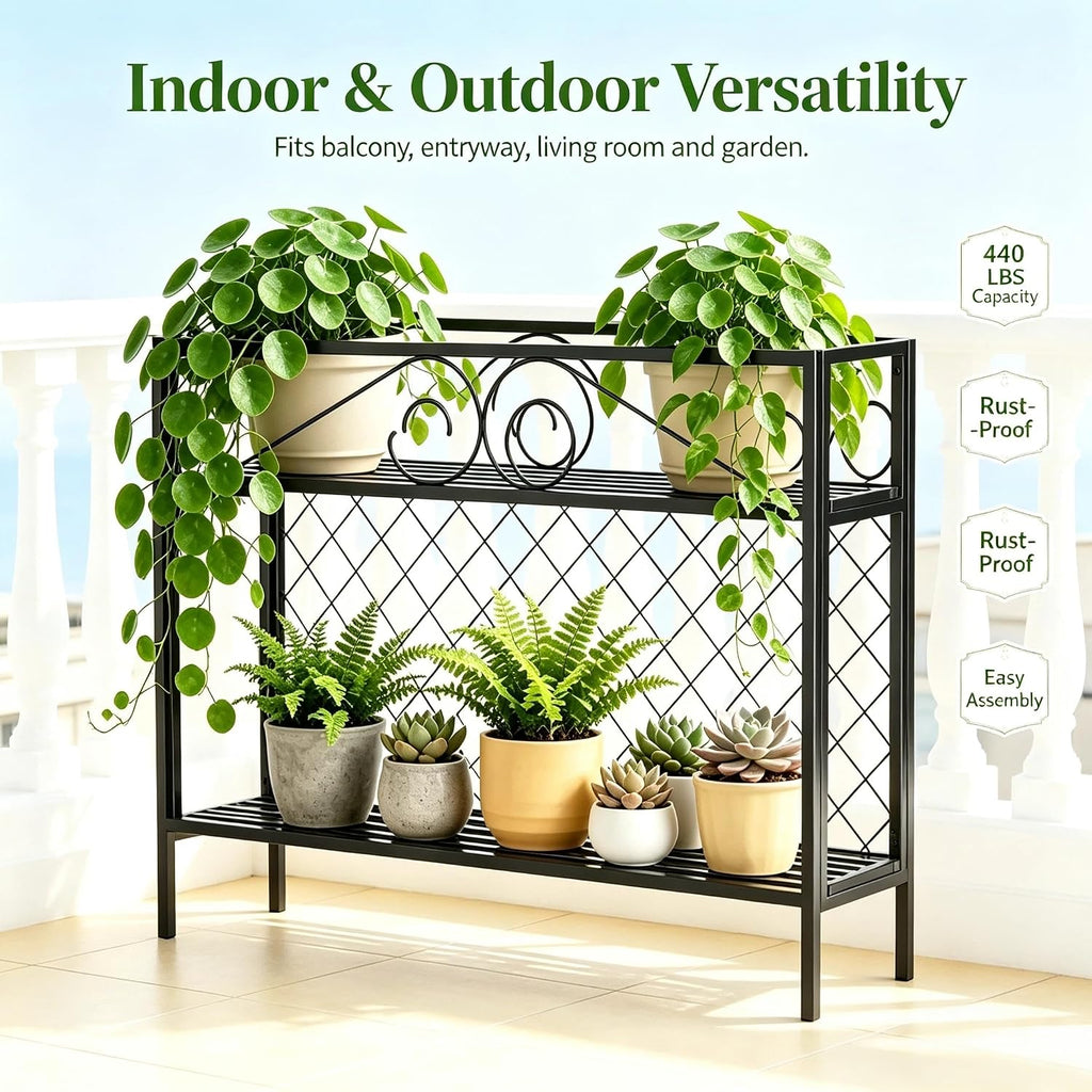 Zhongma 2 Tier Metal Sturdy Narrow Plant Stand, 47.24L x 12.6 W x 35.43 H inch, Indoor and Outdoor Heavy Duty Metal