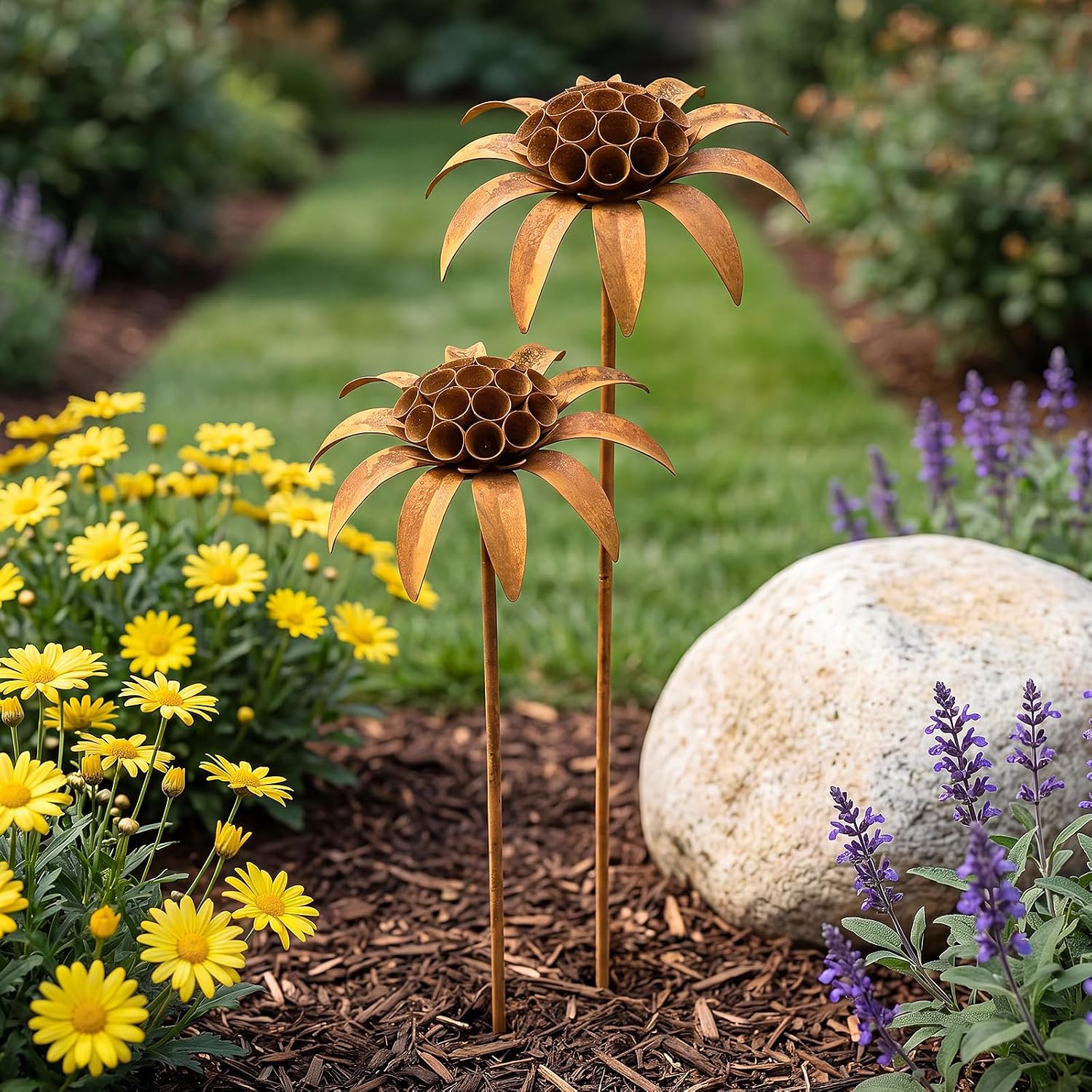 Hicarer 2 Pcs Rusty Metal Flowers for Outside, Rustic Metal Decorative Garden Stakes, Flower Bed Decorations Plant for