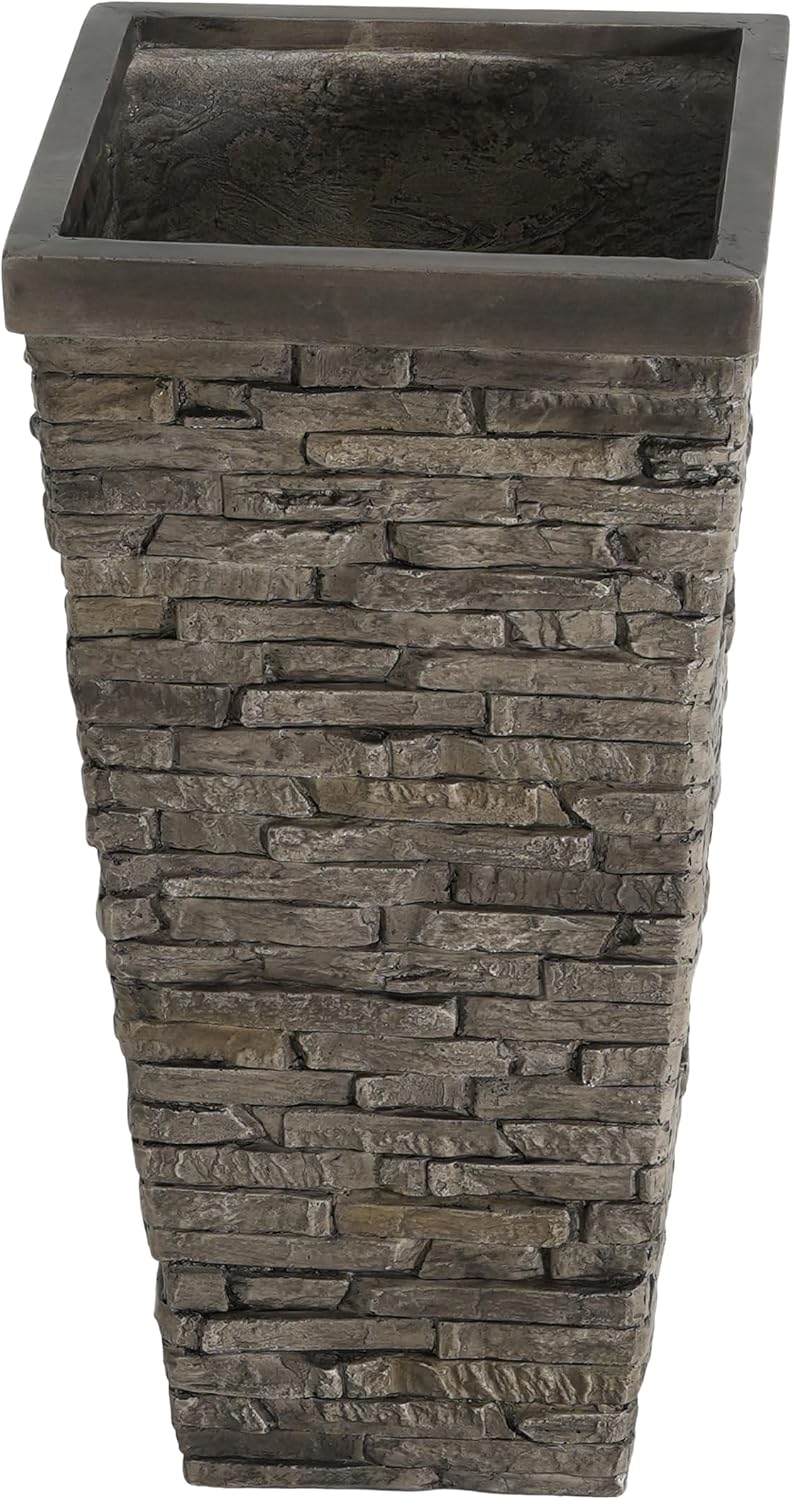 Christopher Knight Home Tall Square Planter Pot with Stone Effect Texture, MGO Outdoor Indoor Planter with Drainage
