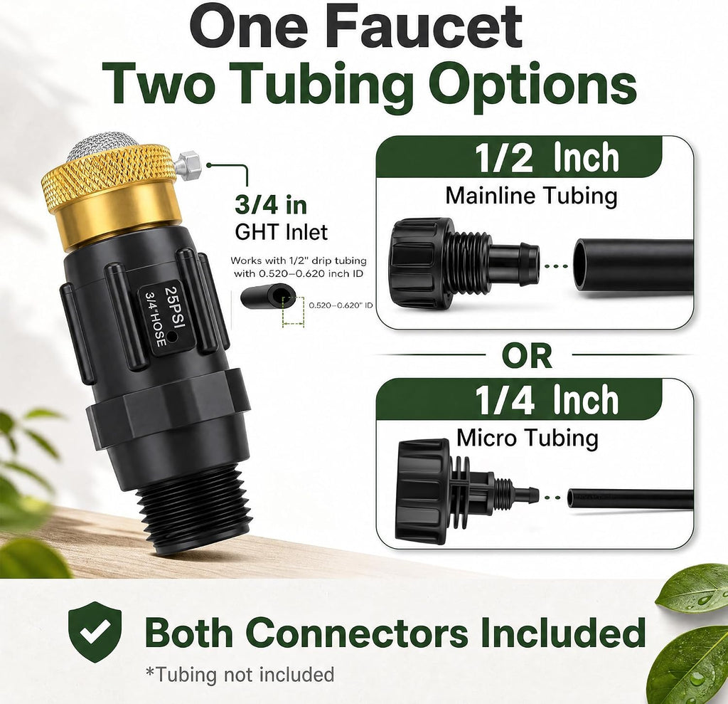 Drip Irrigation Faucet Adapter, 25 PSI, 1/2 and 1/4 in, 2-Pack | Two preassembled 3/4 in GHT units with 150 mesh