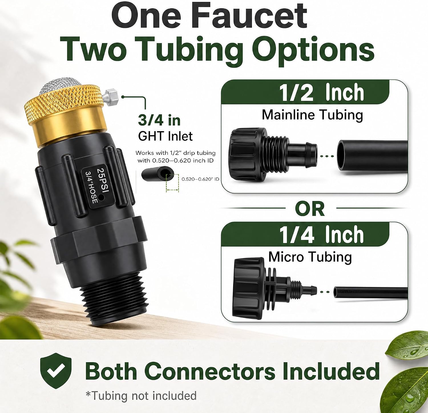 Drip Irrigation Faucet Adapter, 25 PSI, 1/2 and 1/4 in, 2-Pack | Two preassembled 3/4 in GHT units with 150 mesh