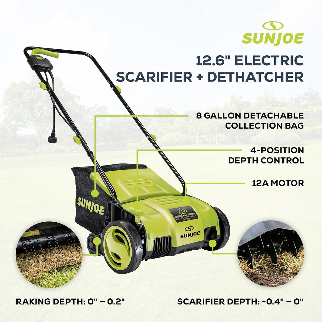 Sun Joe Corded Electric Lawn Dethatcher and Scarifier, 12-Amp, 12.6-Inch Cutting Width - Heavy-Duty Yard Trimmer and
