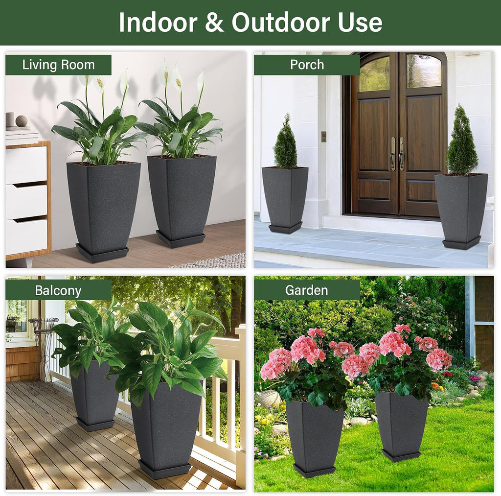 Neoaider Set of 2 Tall Planter, 21 inch Large Plastic Planter, Cement Gray | Ceramic-Look, Lightweight, Built-in Drain