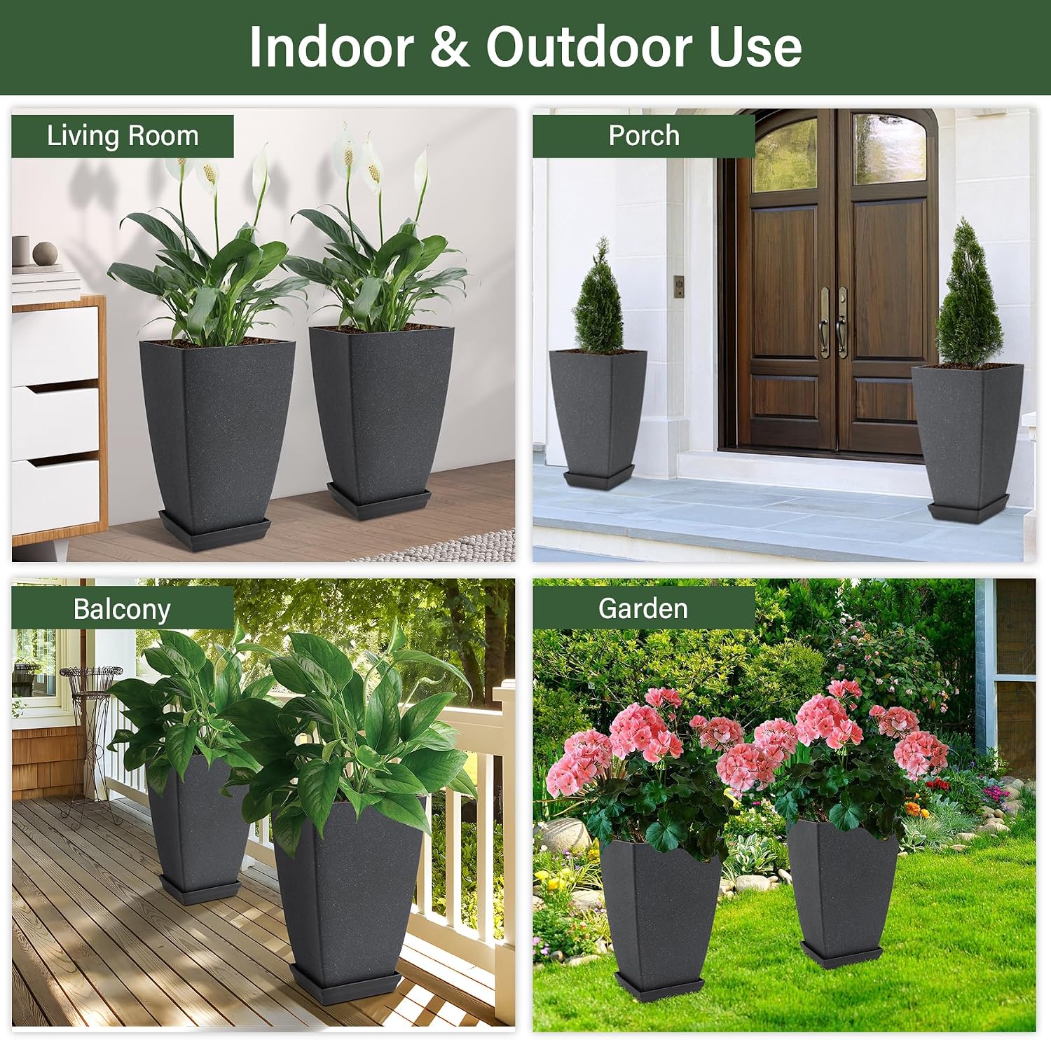 Neoaider Set of 2 Tall Planter, 21 inch Large Plastic Planter, Cement Gray | Ceramic-Look, Lightweight, Built-in Drain