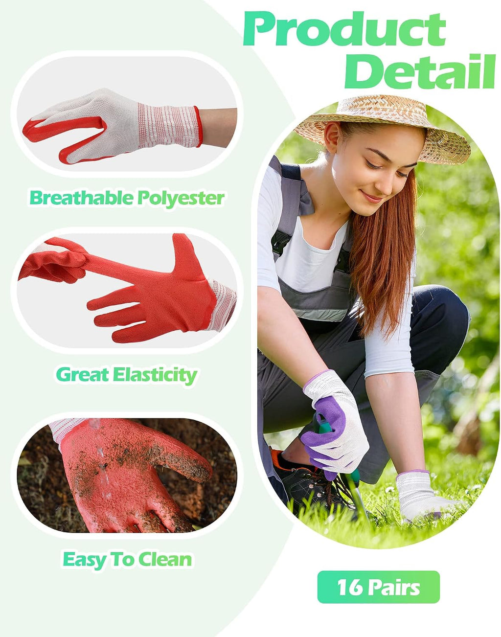 Irenare 16 Pairs Gardening Gloves Bulk for Women Breathable Rubber Coated Yard Garden Gloves Outdoor Protective with