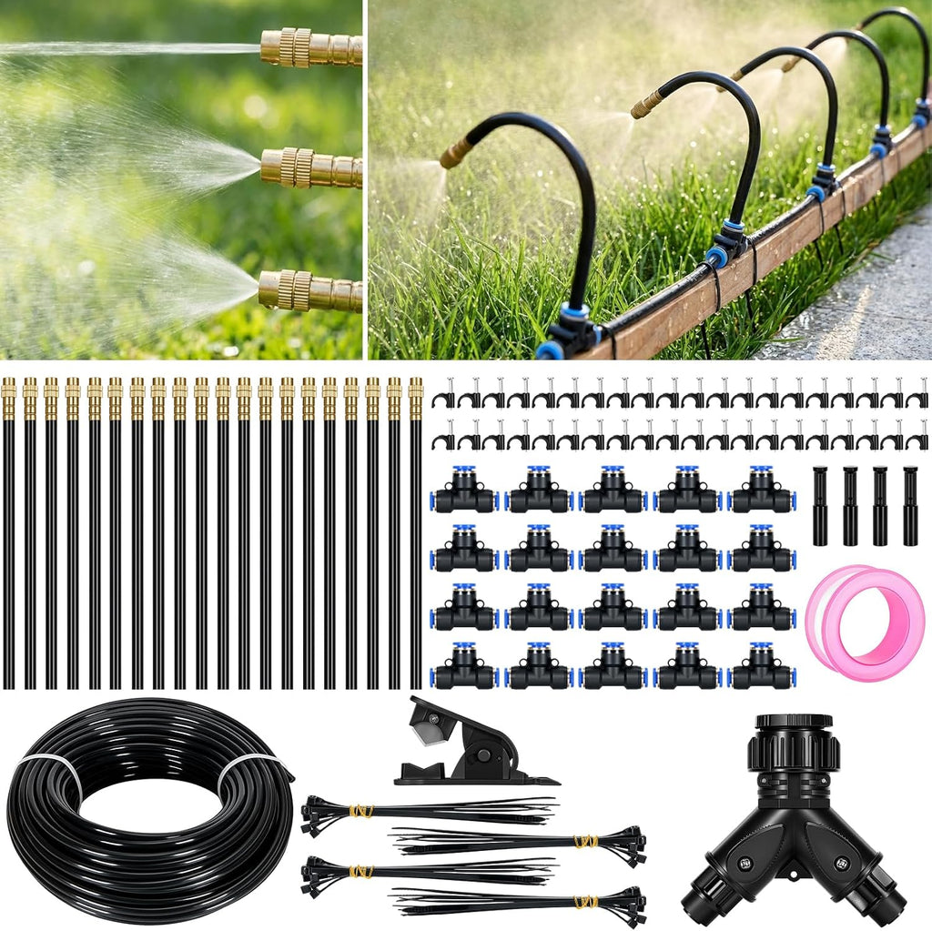 100FT Drip Irrigation System, 1/4" PE Tubing Garden Watering System with 20pcs 360° Bendable Copper Nozzles