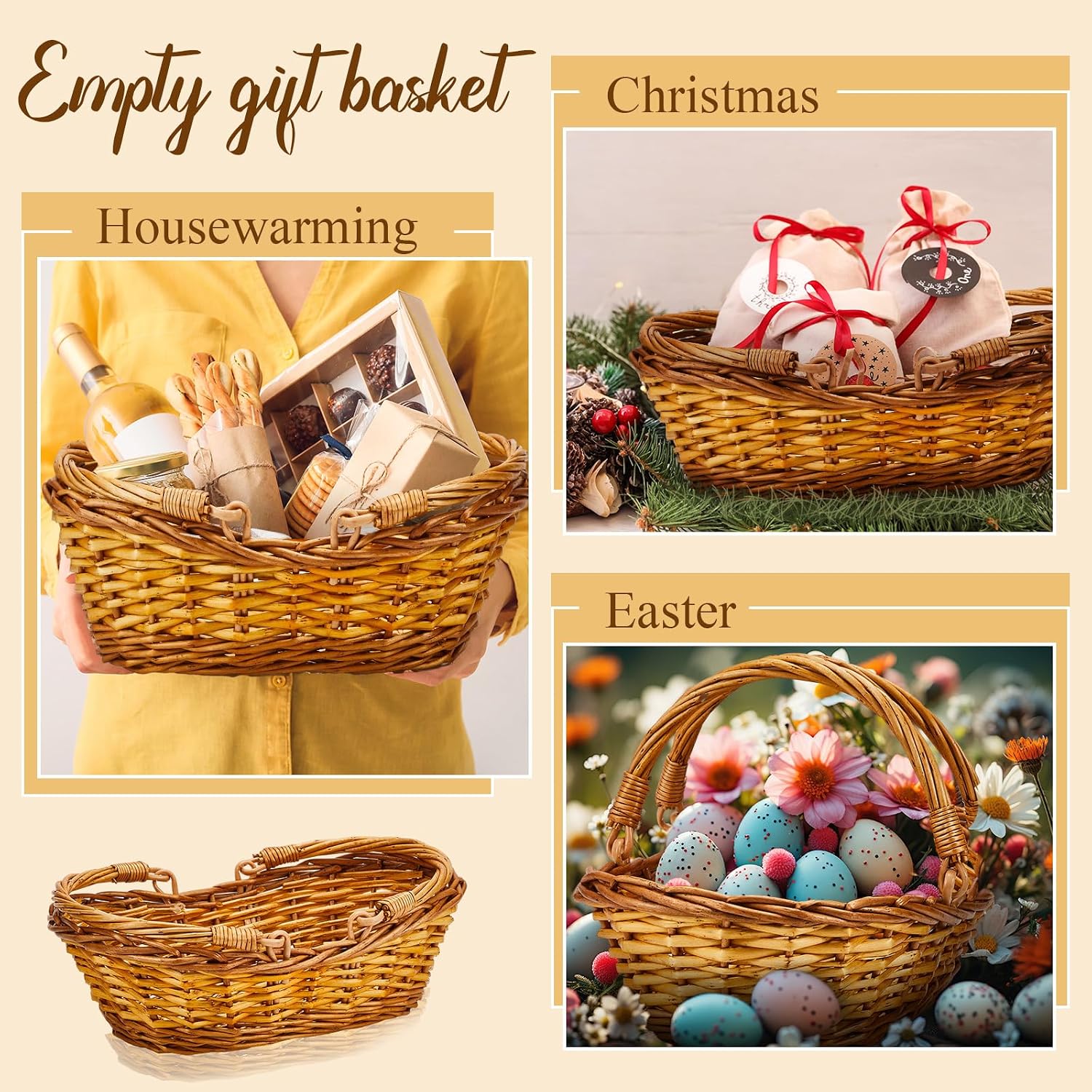 Sintuff 6 Pcs Wicker Picnic Baskets with Handles, Willow Woven,Natural | Woven Harvest Empty Basket Bulk, Storage