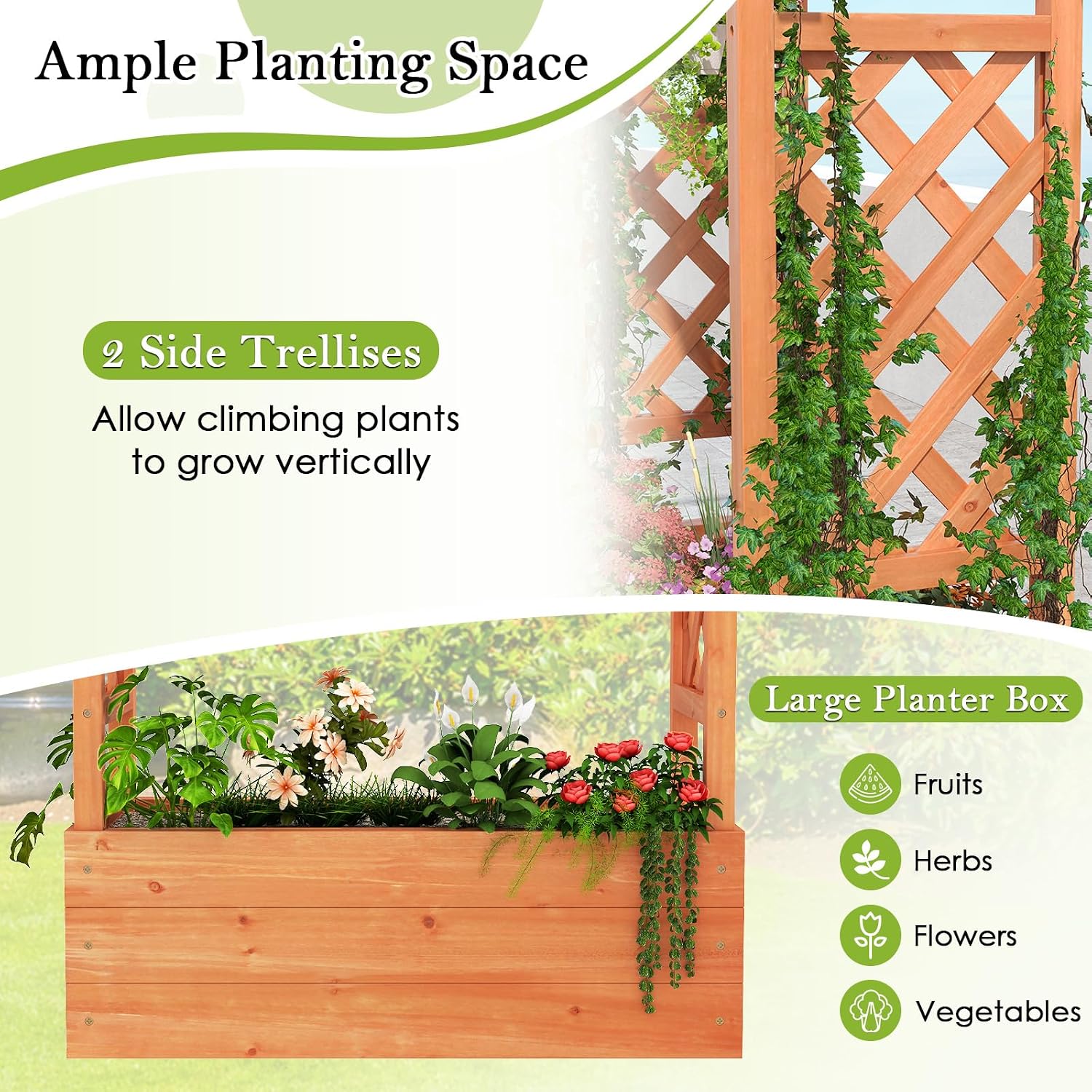 HAPPYGRILL Raised Garden Bed with Trellis & Hanging Roof, Drainage Holes | Wooden Elevated Planter Box w/Removable