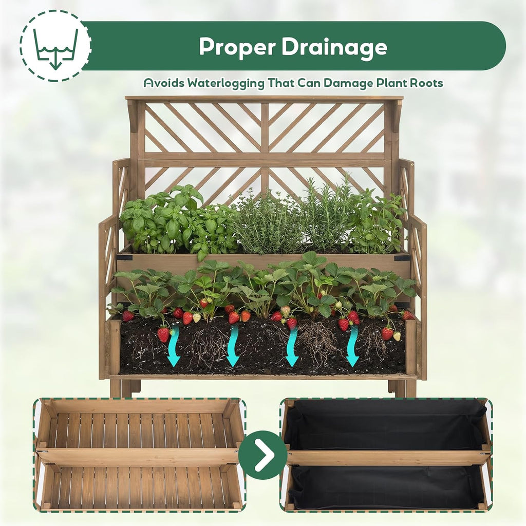 Raised Garden Bed with Trellis, 2-Tier Elevated Planter Box with Legs & Top Shelf, Liner, Metal Corners, Wooden Garden