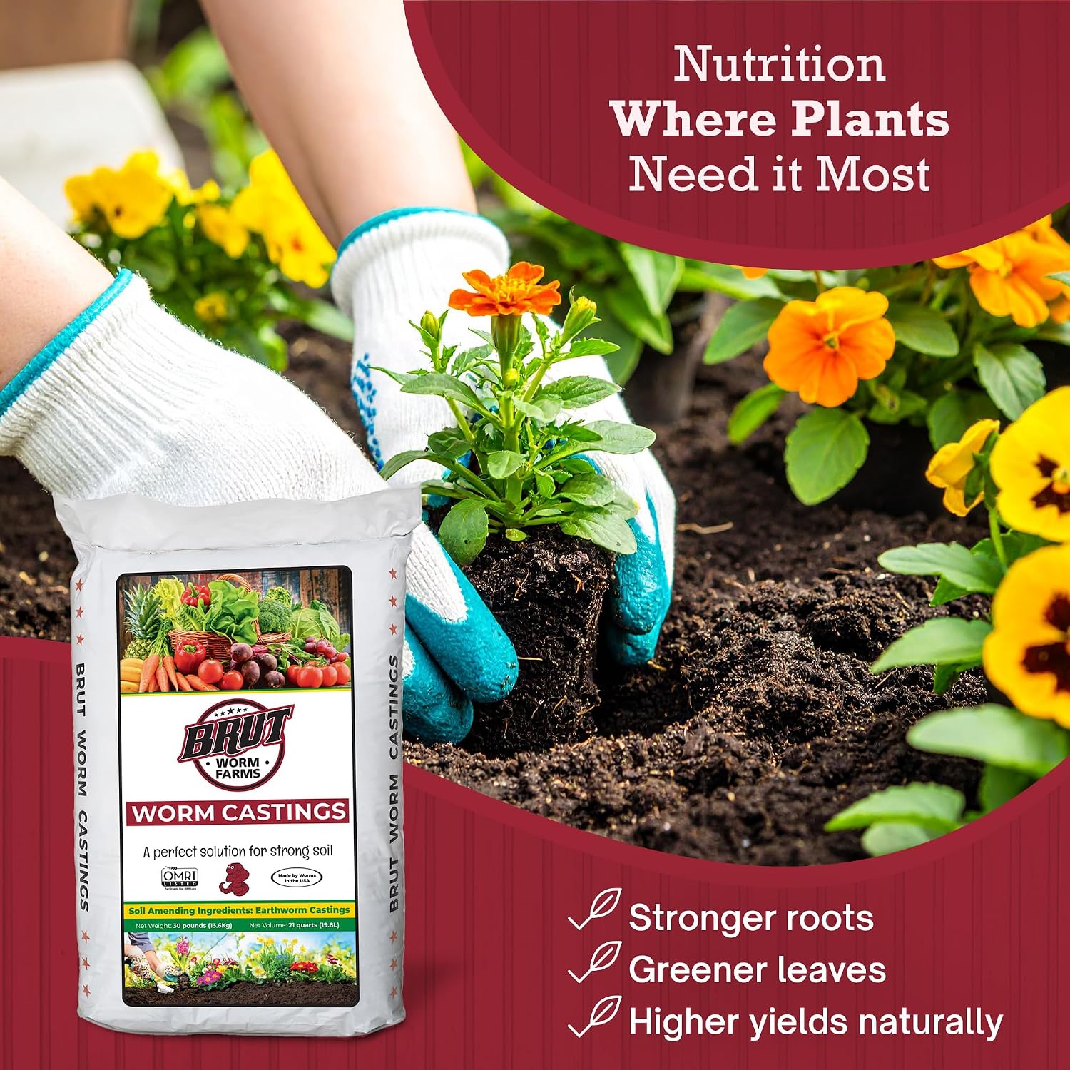 Brut Worm Farms Organic Worm Castings, Natural Fertilizer for Plants, 30 lb | Mineral-Rich Potting Mix Additive & Plant