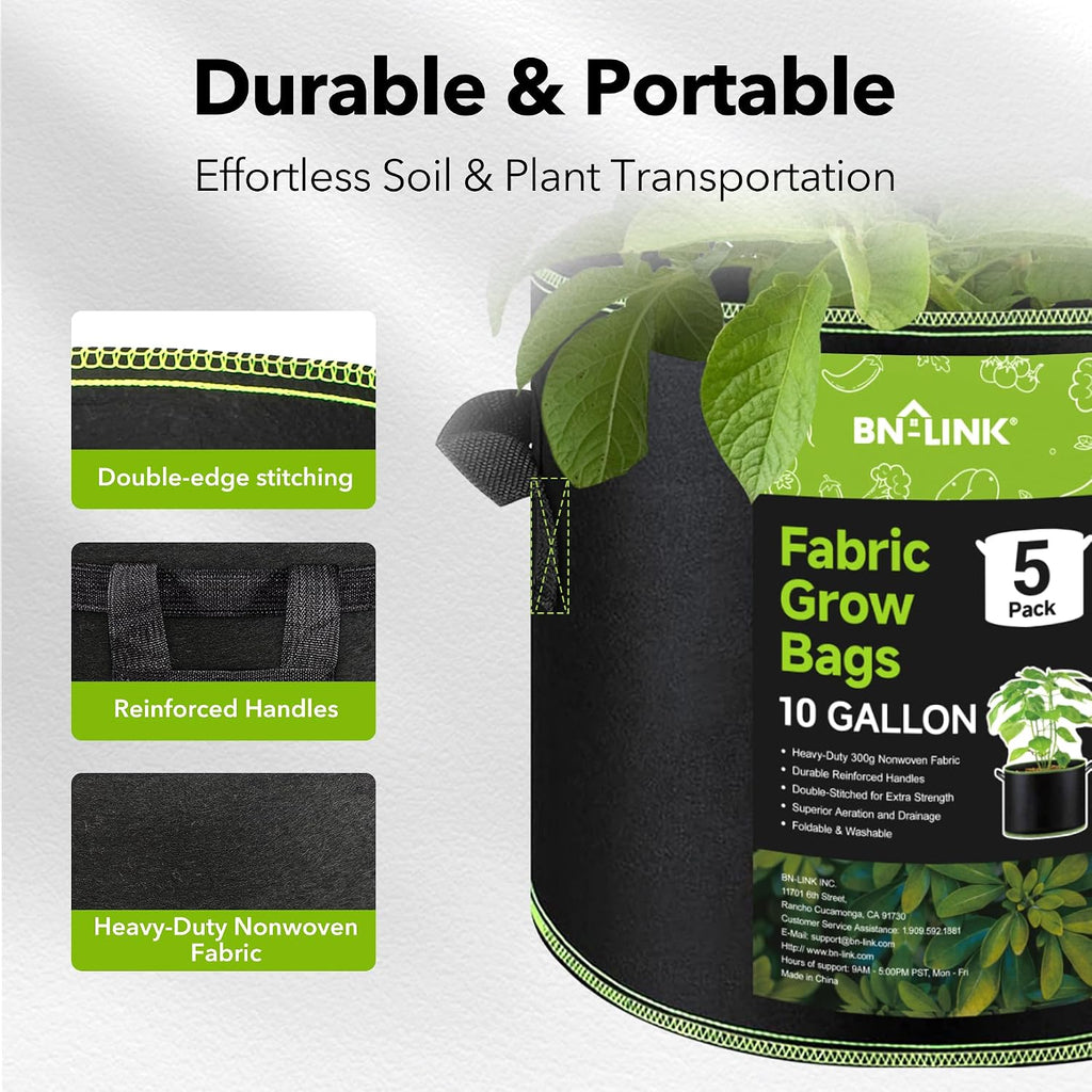 BN-LINK 5-Pack 10 Gallon Grow Bags, Heavy Duty Aeration Fabric Pots with Handles, Thickened Nonwoven Plant Bags for