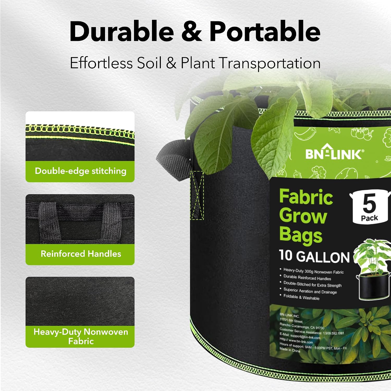 BN-LINK 5-Pack 10 Gallon Grow Bags, Heavy Duty Aeration Fabric Pots with Handles, Thickened Nonwoven Plant Bags for