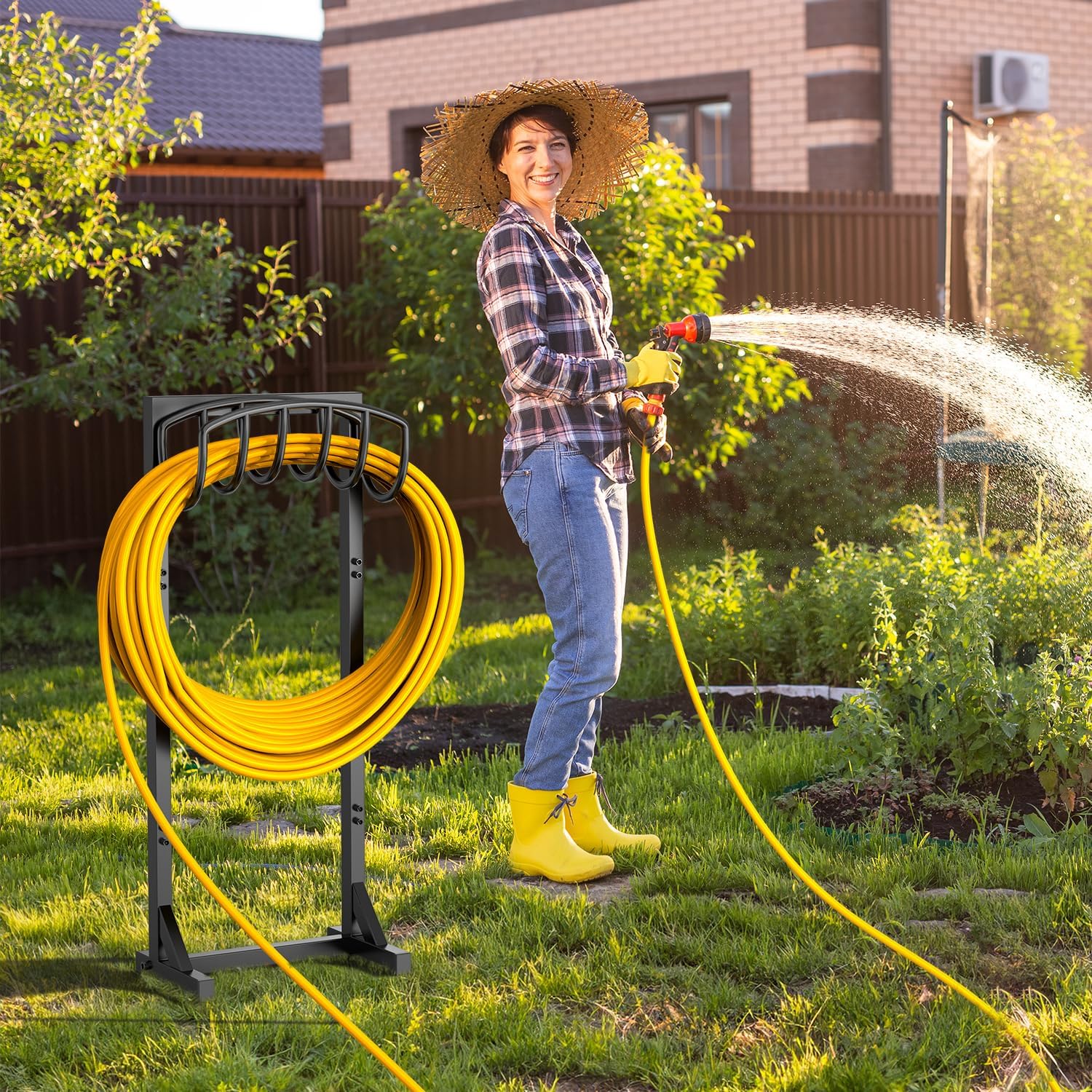 Pattiumo Garden Hose Holder Stand, Heavy Duty Freestanding Metal Hose Holder with 4 Spikes, Hose Reel Alternative Holds