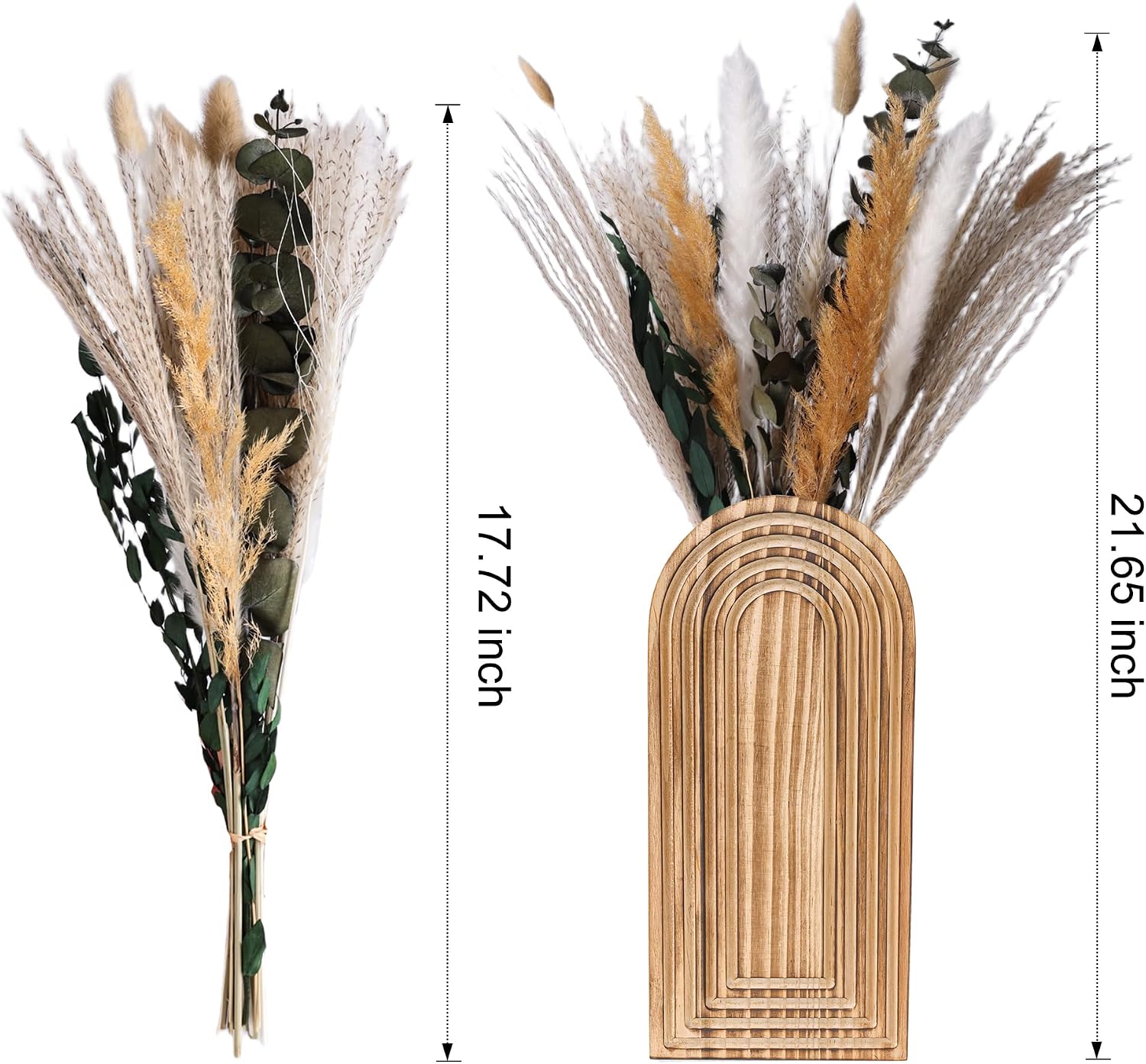 DREAMLOOM 2 Pack Wooden Wall Vases with Dried Pampas Grass and Eucalyptus Plants, Wall Hanging Planters Boho Modern