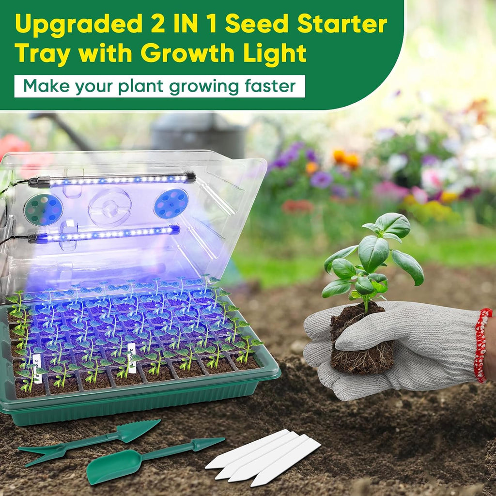 Seed Starter Tray with Grow Light, Humidity Dome, 3 Pack 120 Cells | Seedling Tray Kit with Vented Dome & Drainage