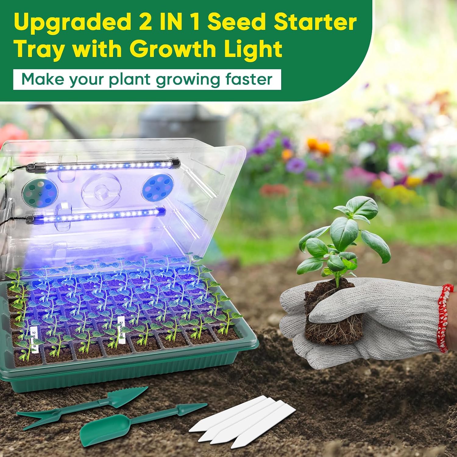 Seed Starter Tray with Grow Light, Humidity Dome, 3 Pack 120 Cells | Seedling Tray Kit with Vented Dome & Drainage