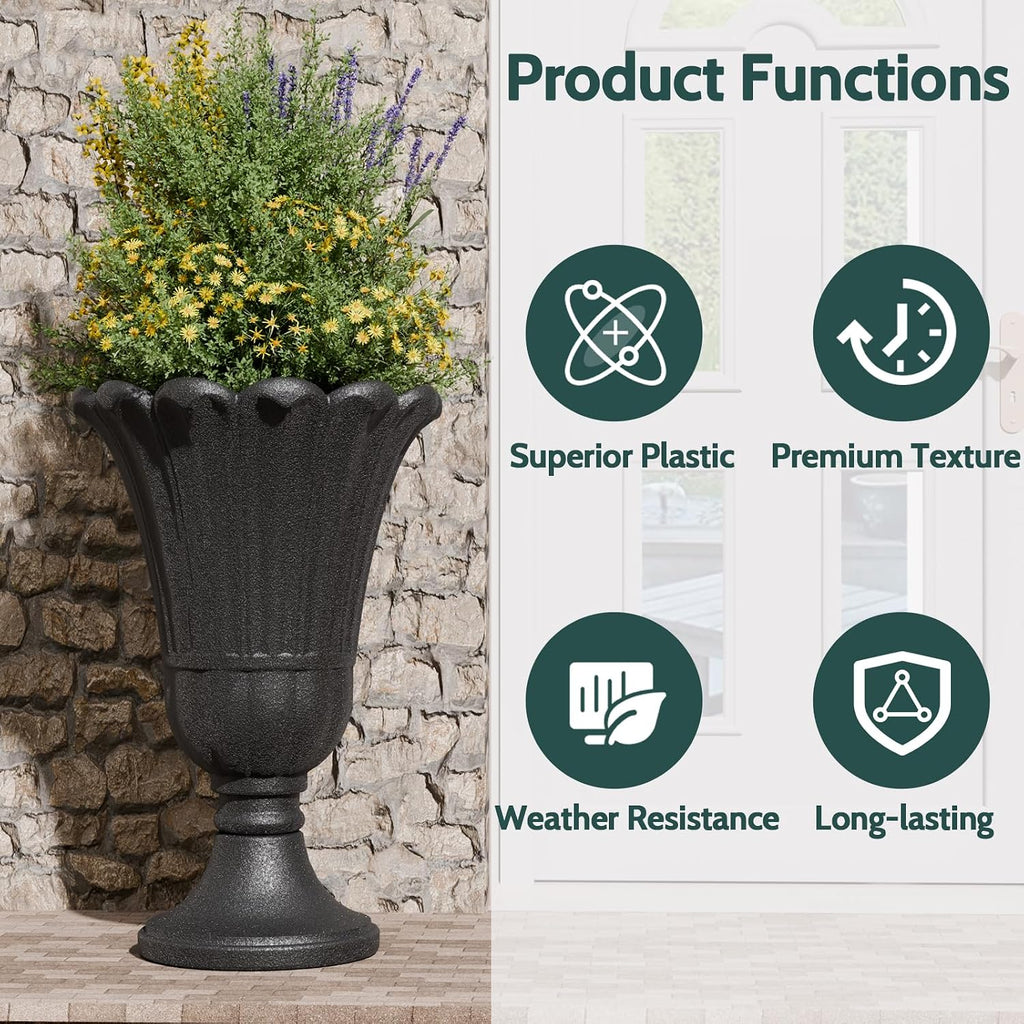 Tall Plastic Urn Planters and Pedestal - 24" Outdoor Planter Black | Weather-Resistant Plastics HDPE Material with