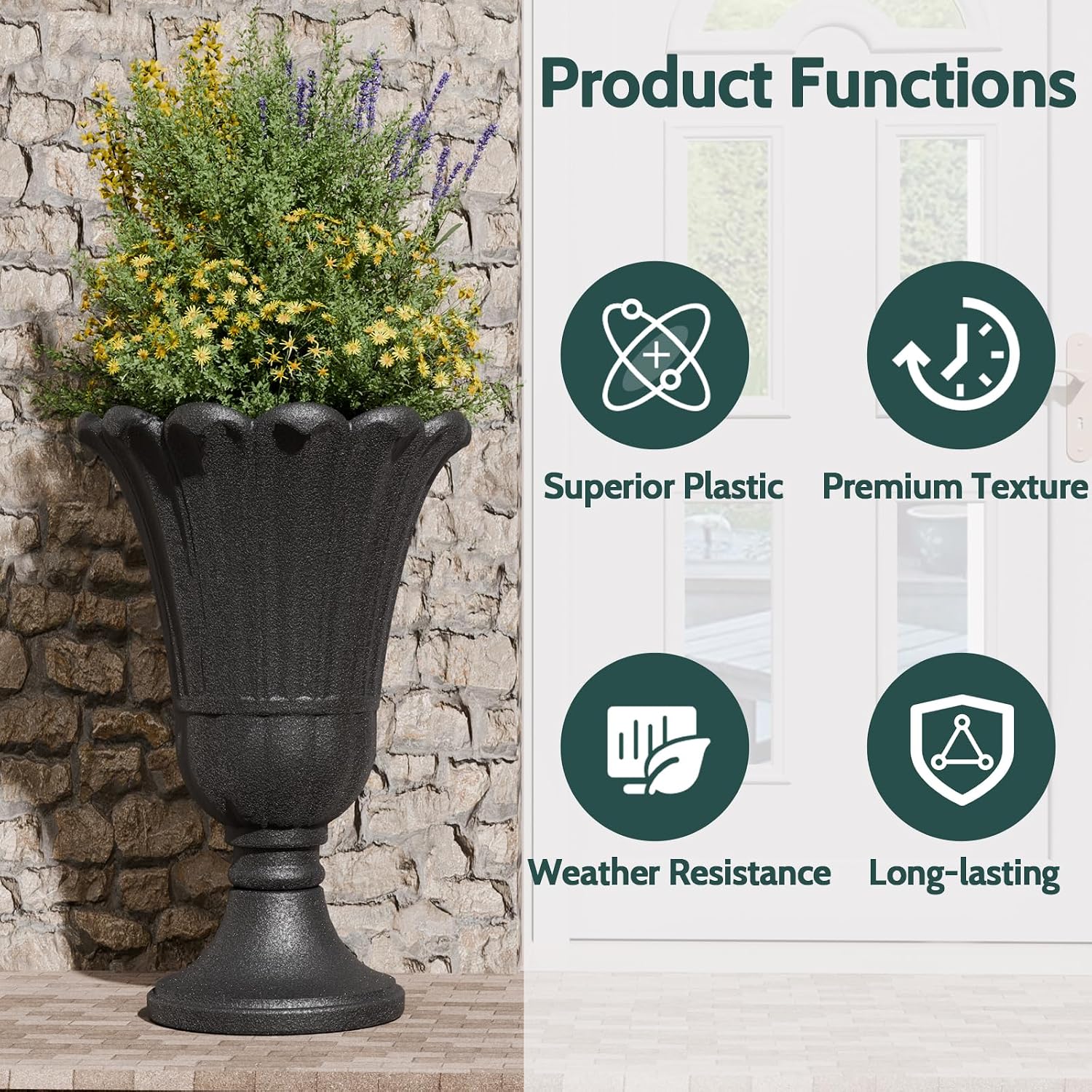 Tall Plastic Urn Planters and Pedestal - 24" Outdoor Planter Black | Weather-Resistant Plastics HDPE Material with