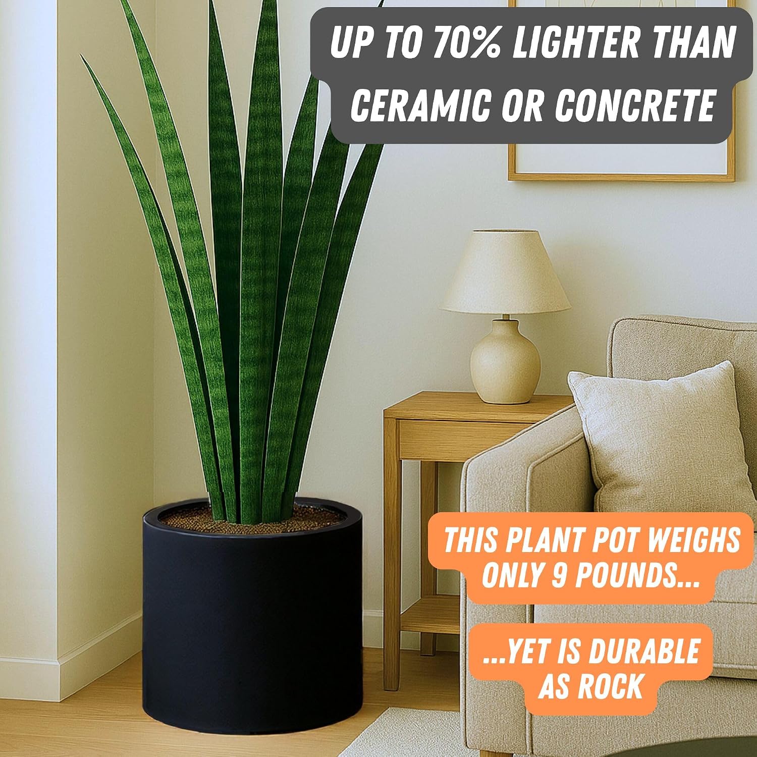 Fox & Fern Large Planter for Indoor or Outdoor, Matte Black, 14.6 Inch | UV & Frost Resistant, 70% Lighter than