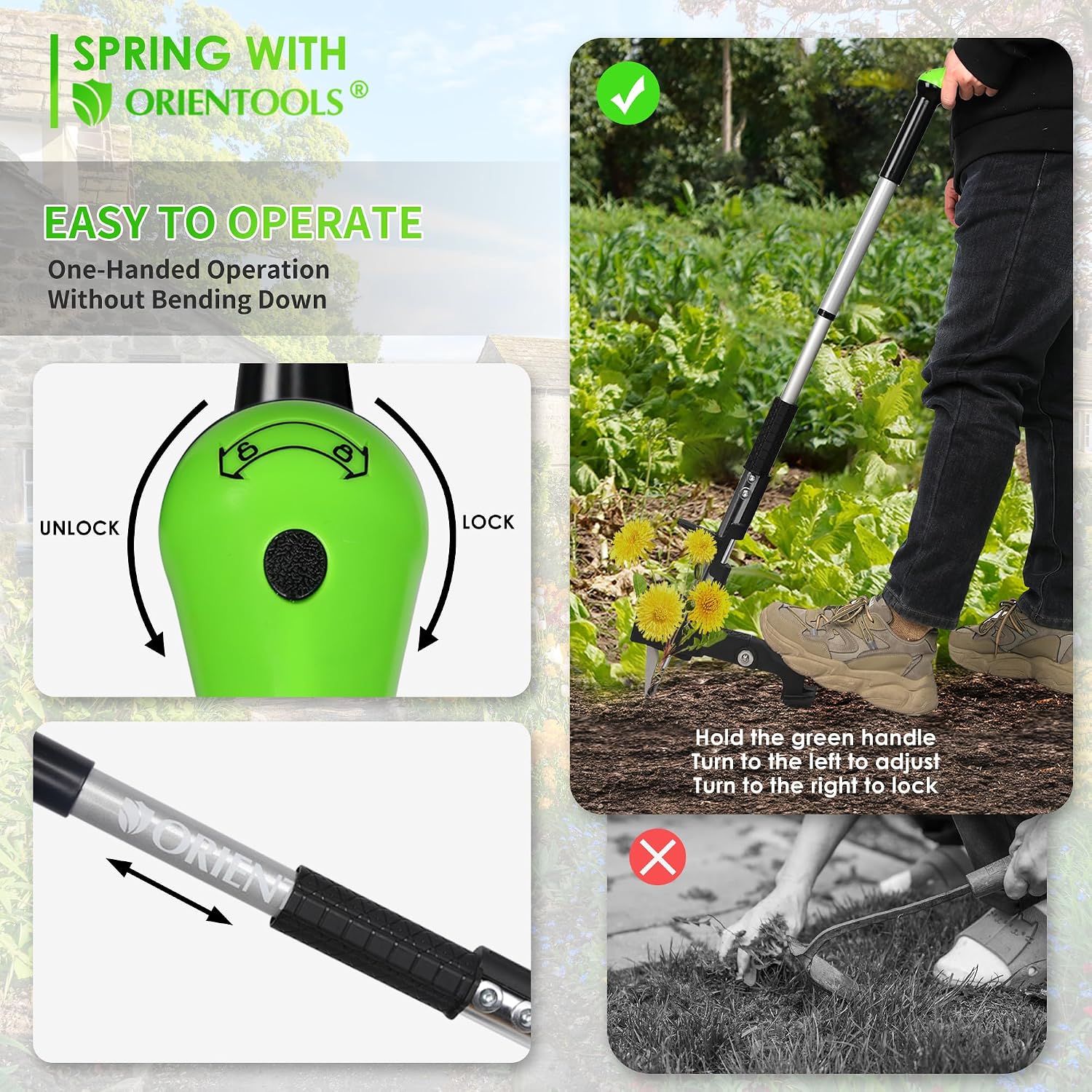 ORIENTOOLS Weed Puller, Stand Up Weed Puller, 32 to 41 inch Long Handle, Upgrade Detachable Telescopic Handle Garden