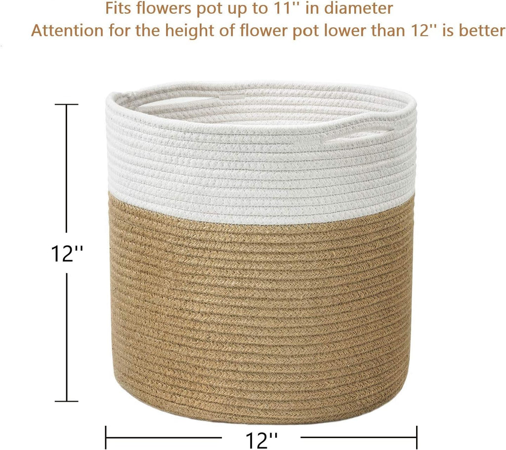 TIMEYARD Large Plant Basket, Planter for Indoor Plants, Jute Mixed White | 12" x 12" Storage Organizer Basket Rustic