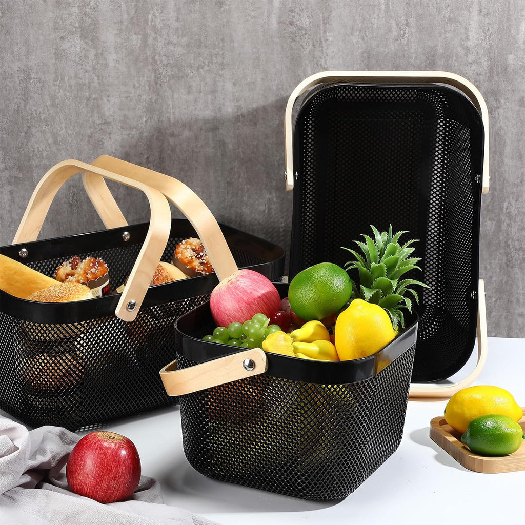 Sadnyy 4 Pcs Plastic Mesh Garden Harvest Basket Storage Basket with Wooden Handle Multi Functional Mesh Bin for Kitchen