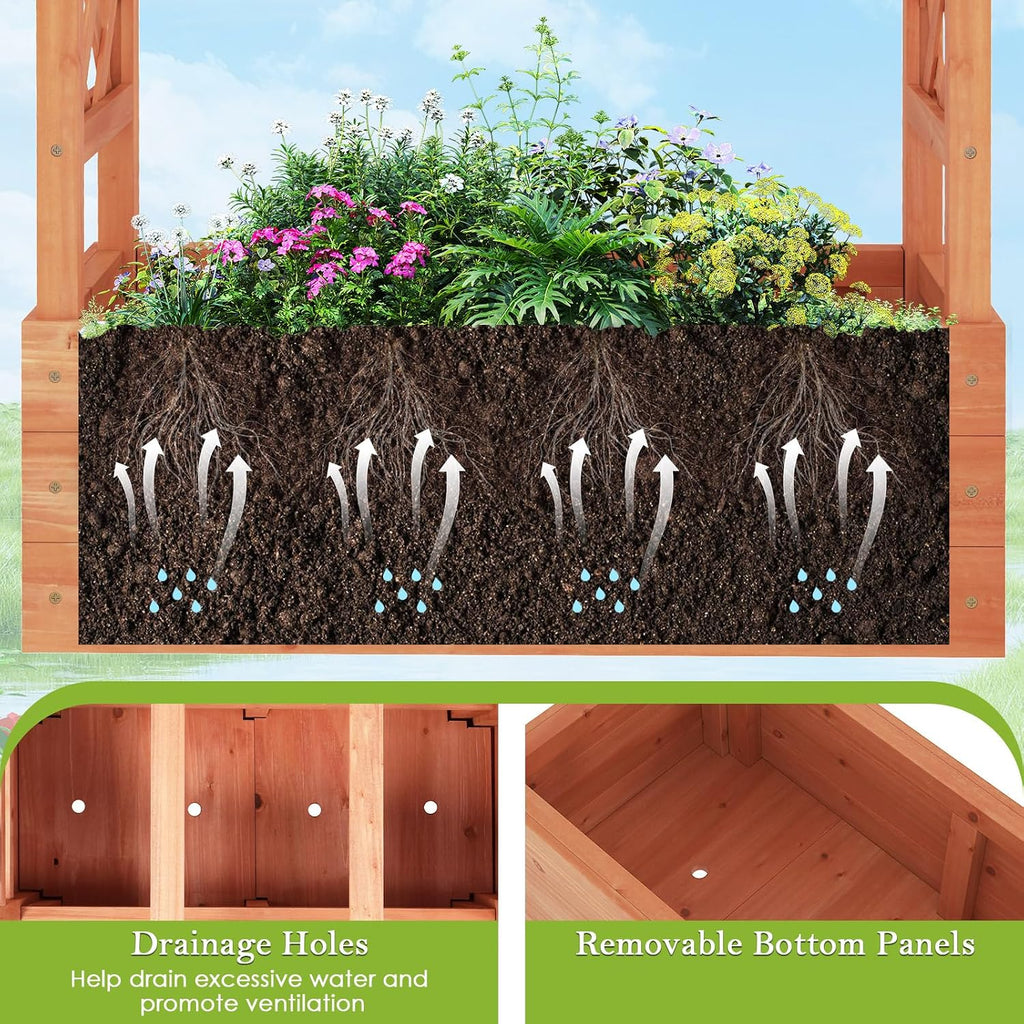 HAPPYGRILL Raised Garden Bed with Trellis & Hanging Roof, Drainage Holes | Wooden Elevated Planter Box w/Removable