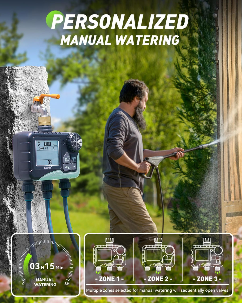 RAINPOINT 3 Zone Sprinkler Timer with Brass Inlet, Water Timer for Garden Hose,Rain Delay/Manual/Automatic Watering