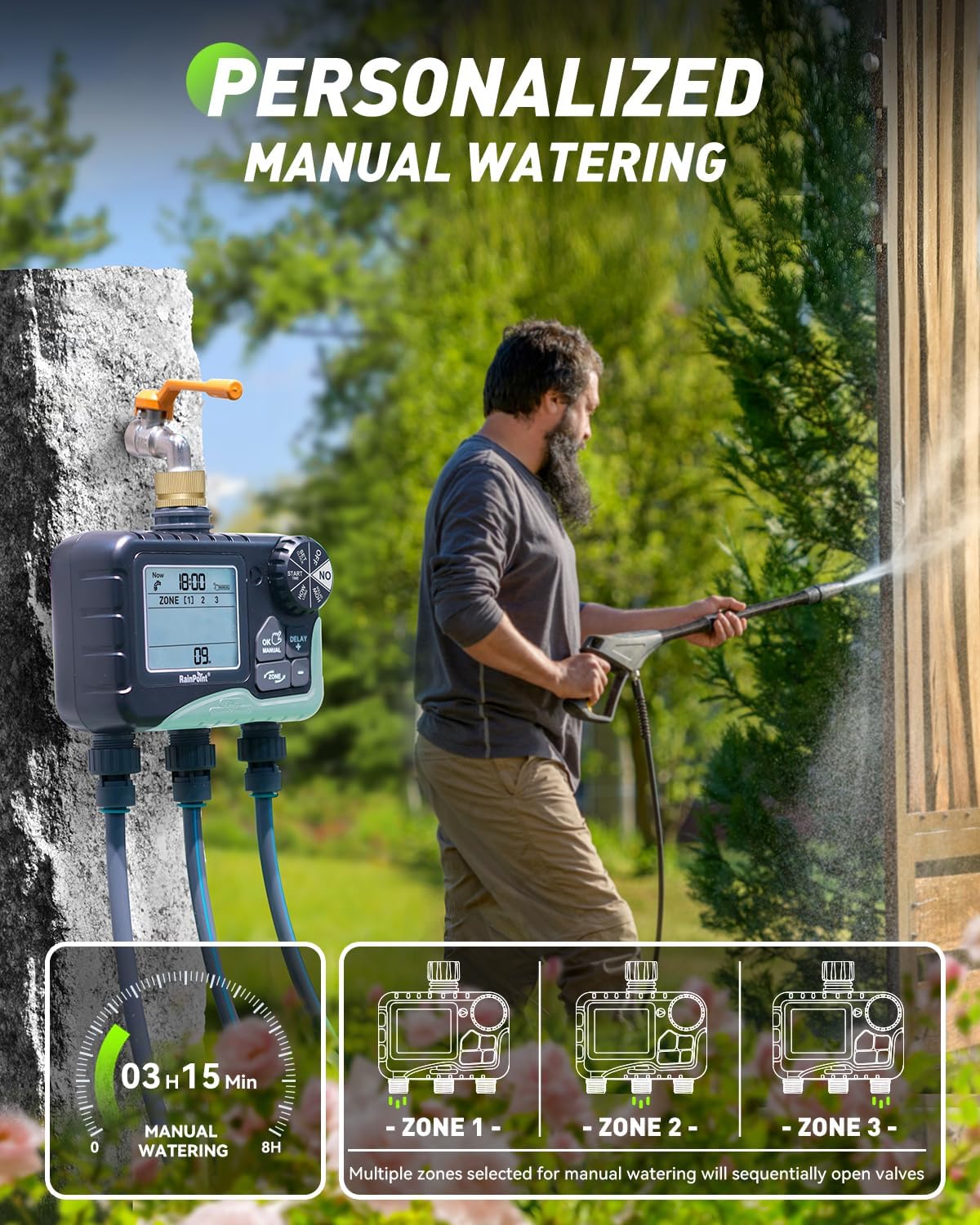 RAINPOINT 3 Zone Sprinkler Timer with Brass Inlet, Water Timer for Garden Hose,Rain Delay/Manual/Automatic Watering