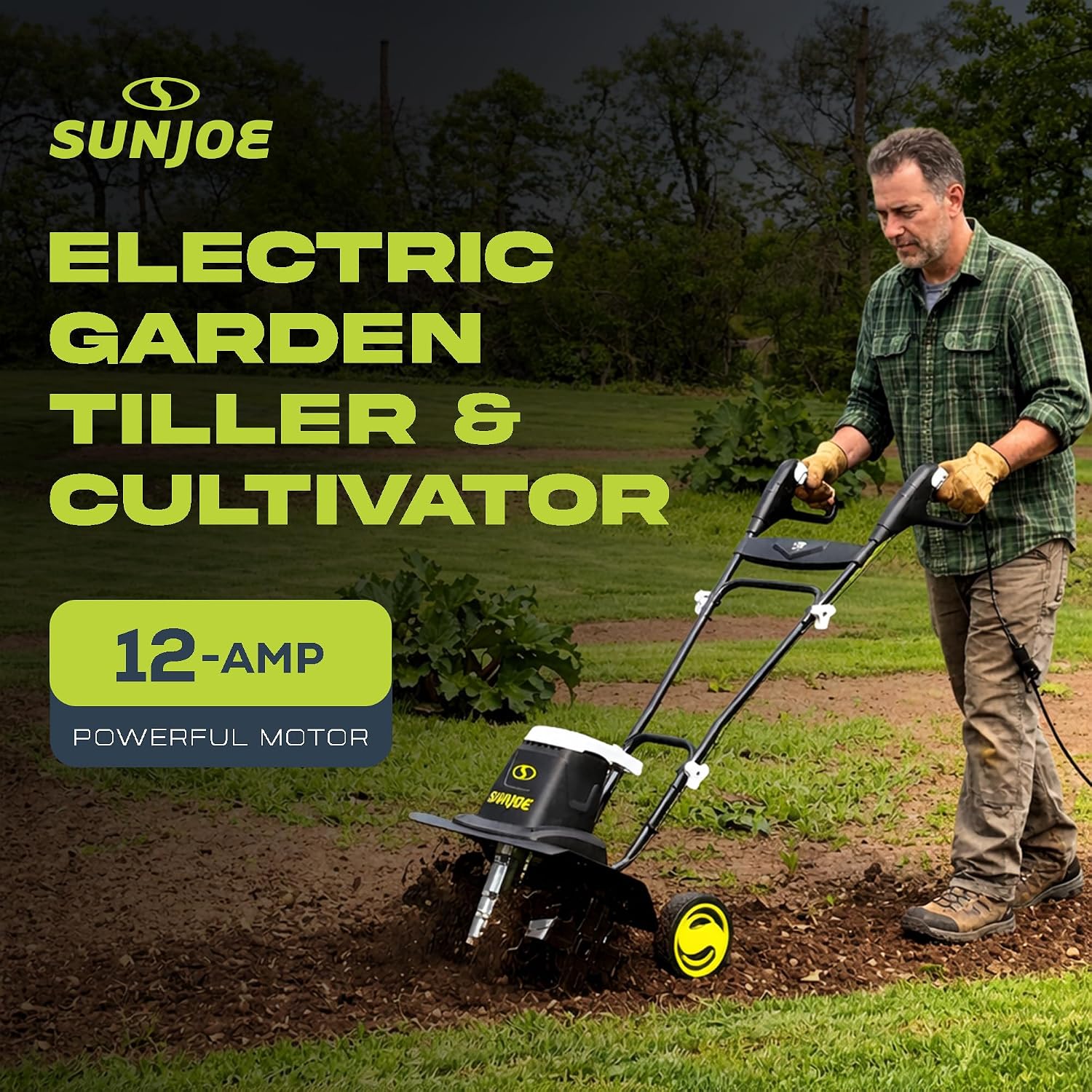 Sun Joe Corded Electric Garden Tiller & Cultivator with Steel Tines, 16 In, 12-Amp Motor - Heavy-Duty Tilling Machine