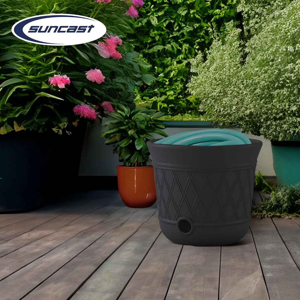 Suncast Lattice Hose Pot for Outdoor Garden Storage, Peppercorn - Holds 300 ft Expandable or 50 ft Standard 5/8" Vinyl