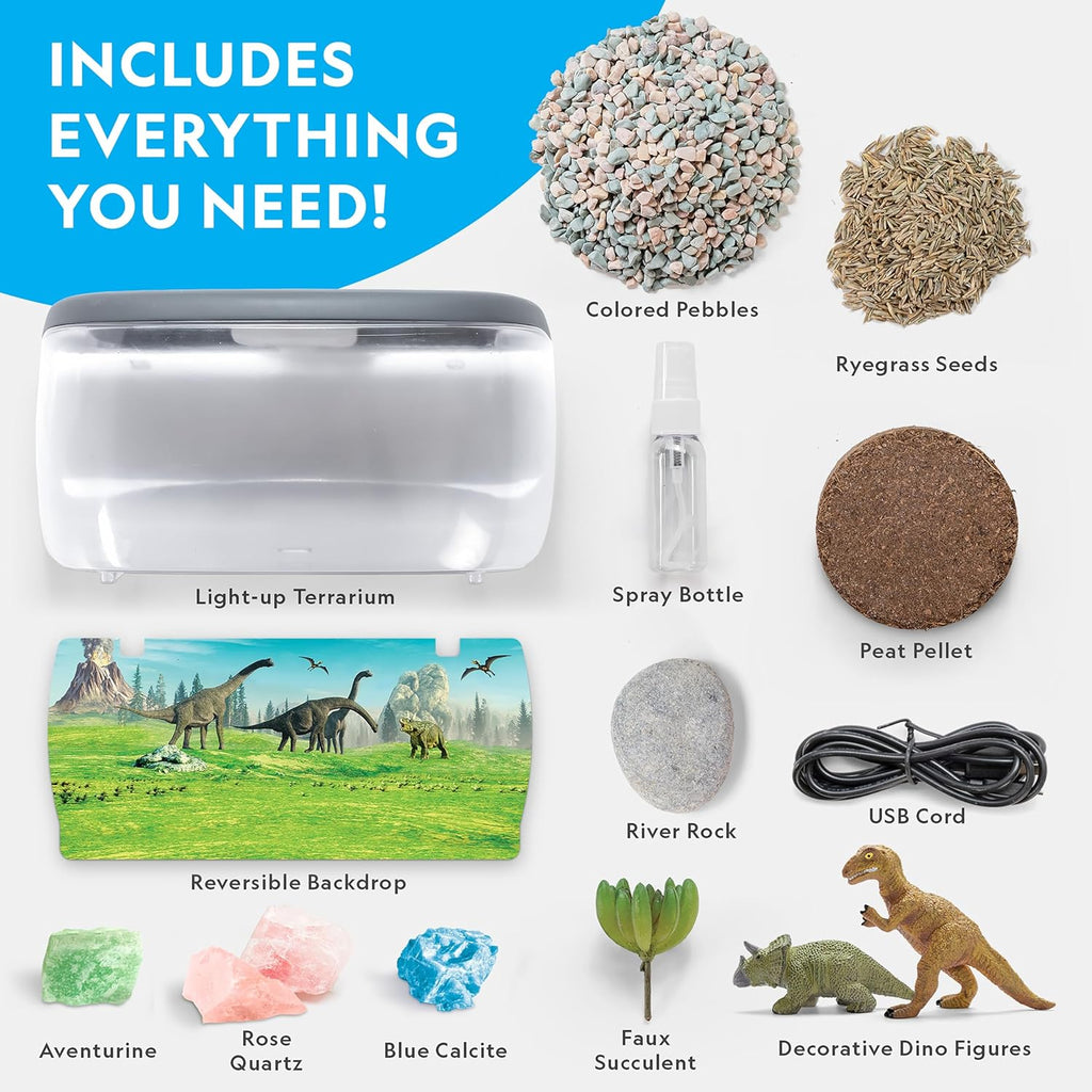 National Geographic Light-Up Dinosaur Terrarium Kit for Kids Ages 6+ | Real Plants and Gemstones, Night Light, Dino