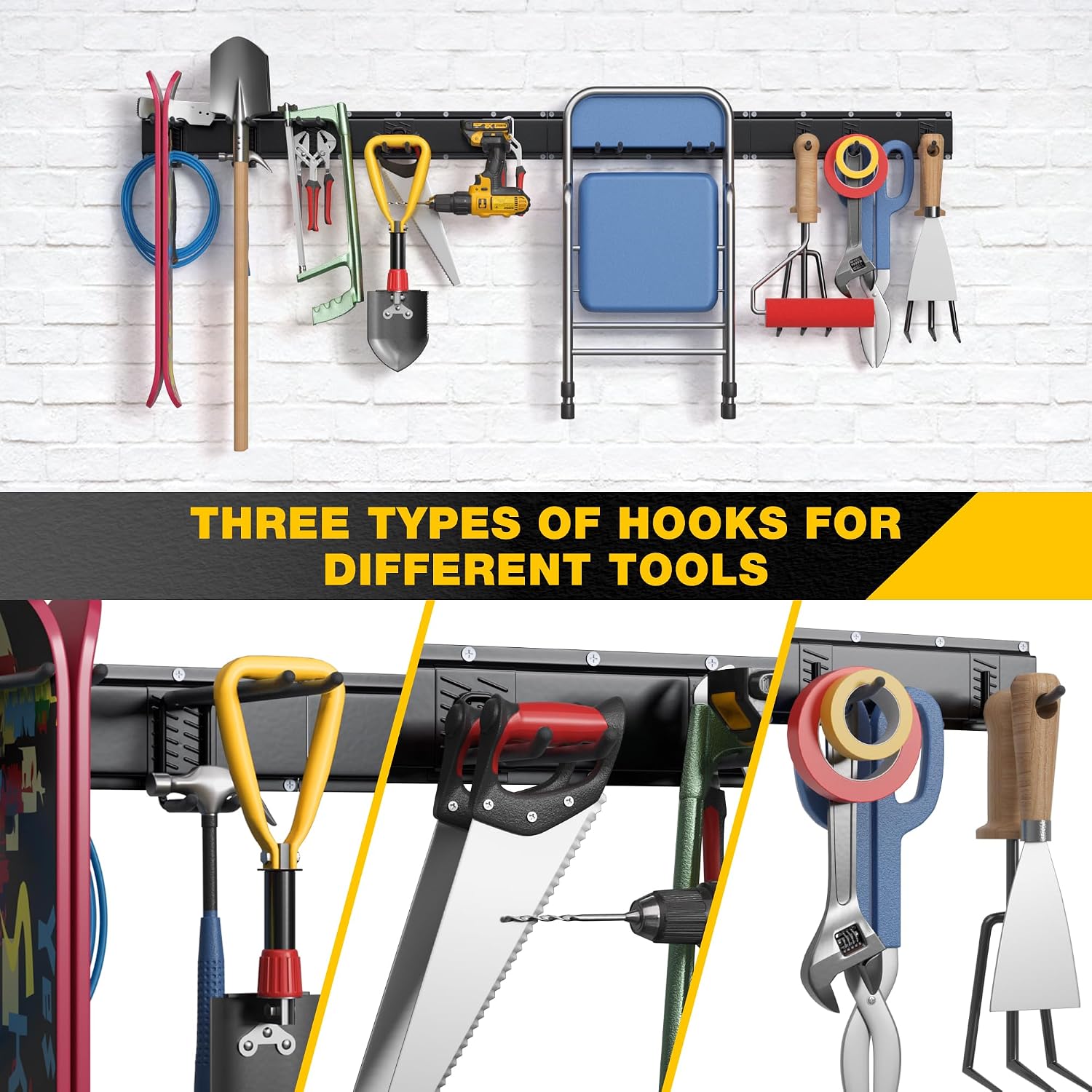 Garage Tool Organizer Wall Mount with 64 inches Rails and 10 Adjustable Heavy-Duty Hooks, Garden Tool Organizer, 14