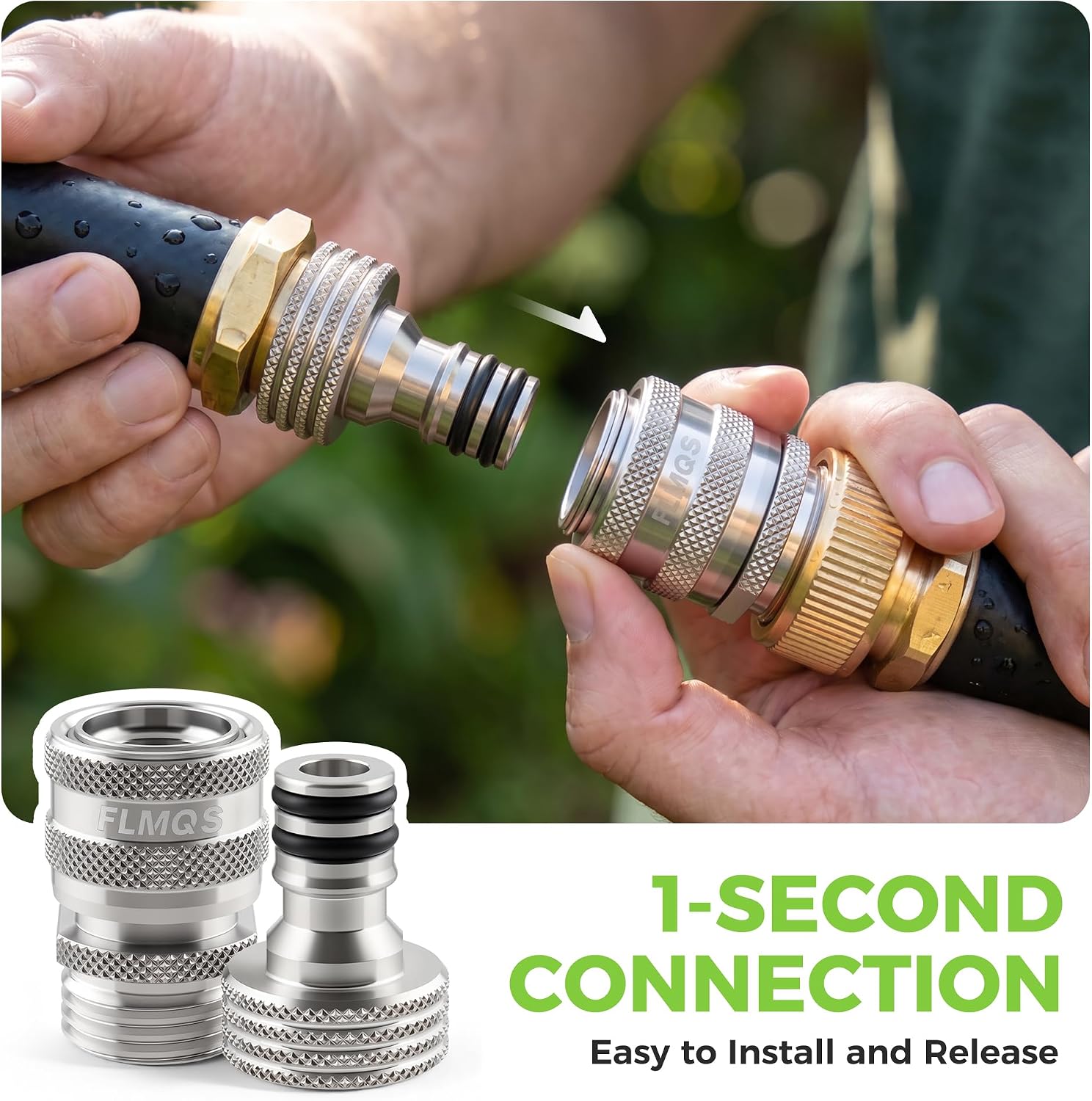 Garden Hose Quick Connector - 3/4" GHT Solid Stainless Steel Water Hose Quick Connect, Leak-Proof Male & Female
