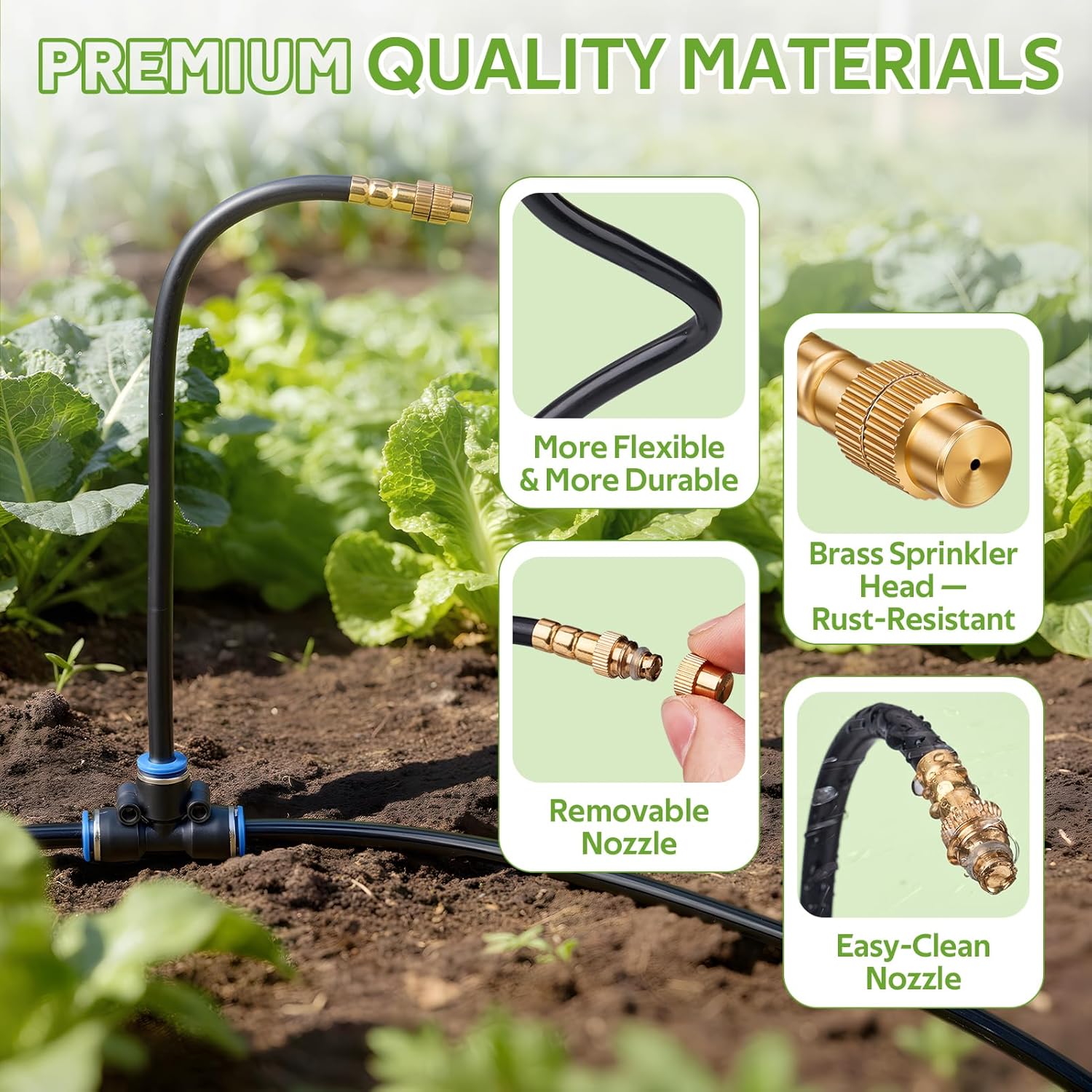 HIRALIY 100FT Misting Irrigation Kit | Quick-connect watering system with 16 adjustable 360° mist nozzles for raised