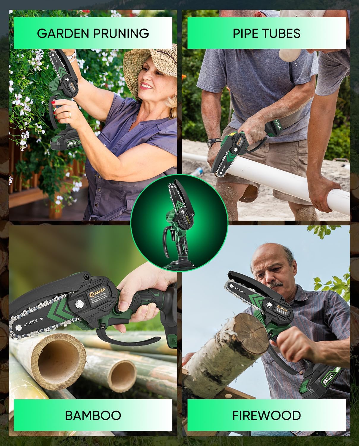 Saker Mini Chainsaw Electric with 2 Batteries Green | Cordless and Portable Chain Saw Battery Powered,Handheld Chain