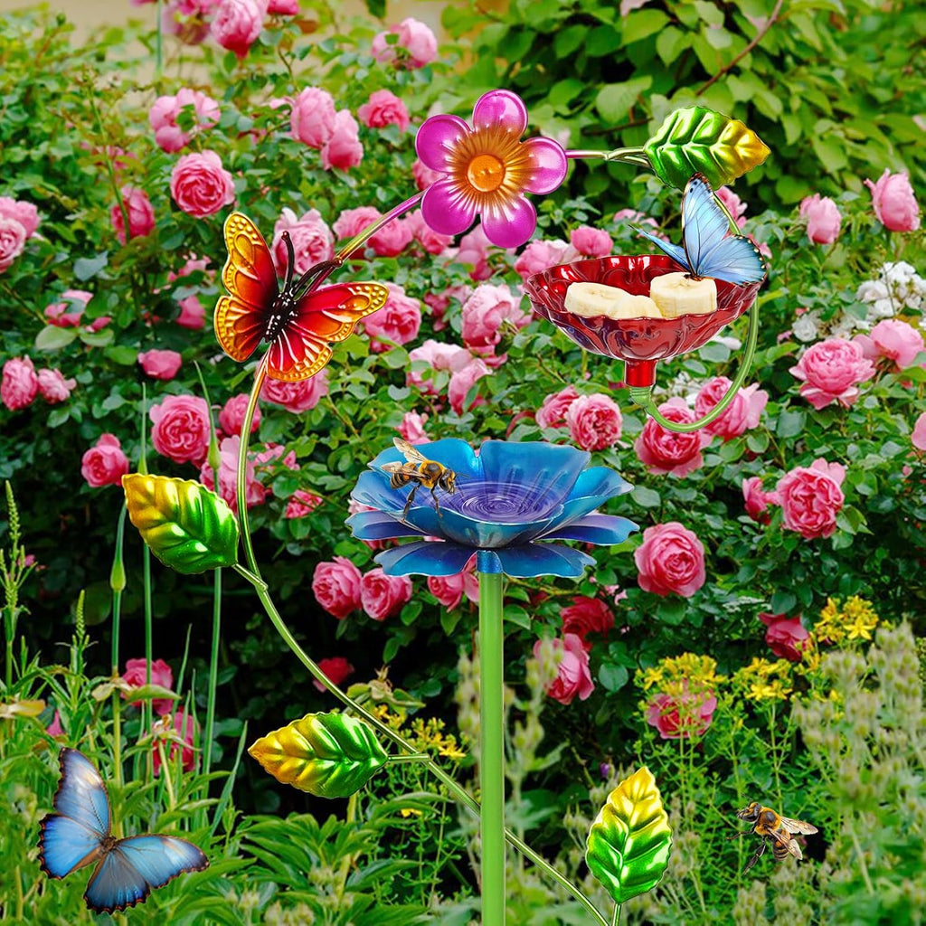 Bee Watering Station for Garden, Double-Flower Bee Bath 4 Pack | Colorful Butterfly Feeder, Metal Bee Feeders for
