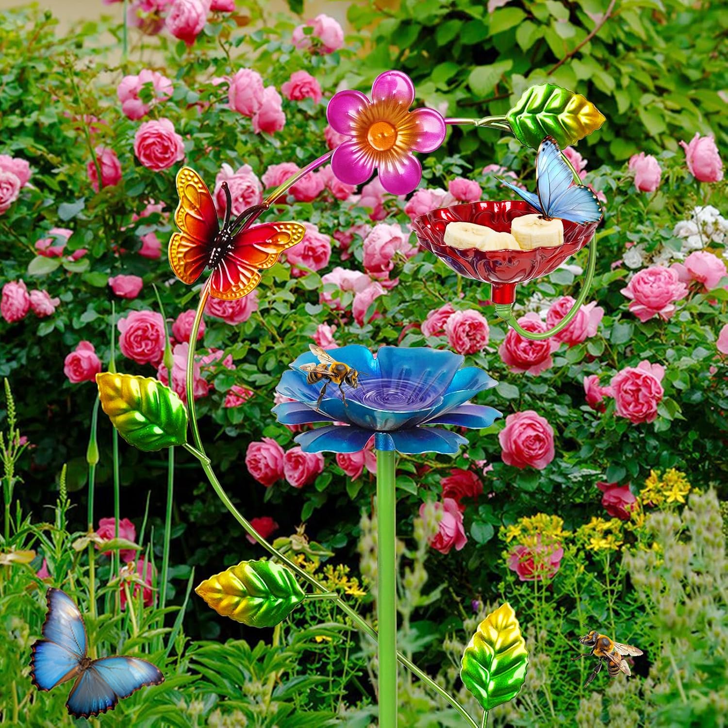 Bee Watering Station for Garden, Double-Flower Bee Bath 4 Pack | Colorful Butterfly Feeder, Metal Bee Feeders for