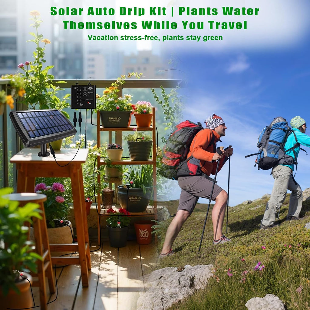 Irrigation System for Garden with Solar Panel, Automatic Drip Irrigation Kits 49FT Hose, Smart Timer Solar Irrigation