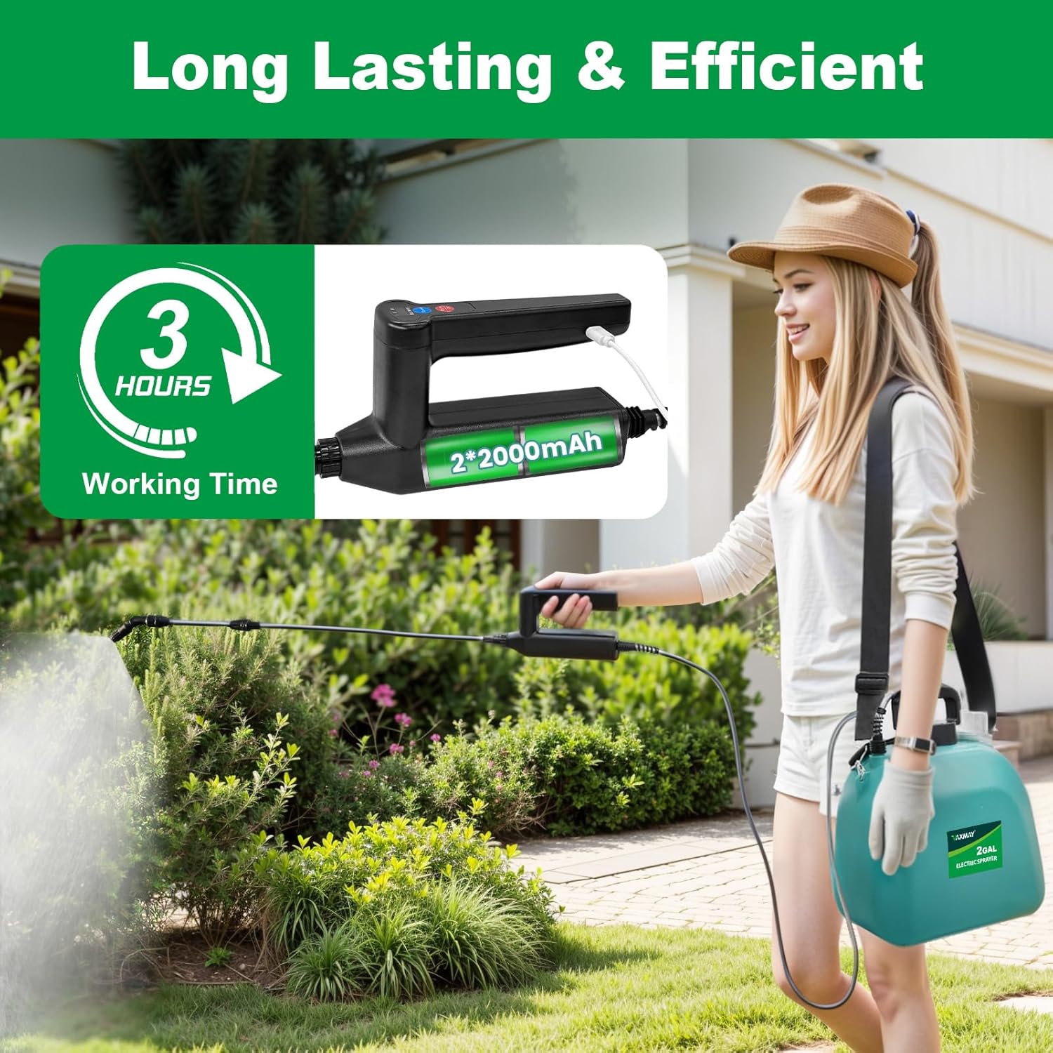Battery Powered Sprayer 2 Gallon, 2026 Upgrade Electric Sprayer with 3 Adjustable Speed, Battery Indicator, 4 Mist